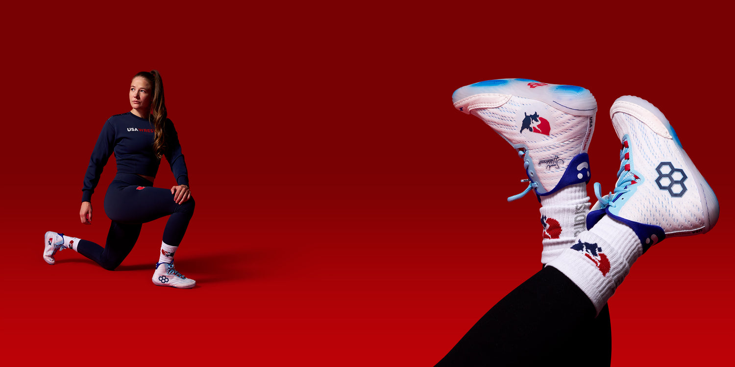 Olympic wrestler Sarah Hildebrandt wearing RUDIS Hildebrandt women’s wrestling shoes USA limited edition colorway designed for the female foot and elite performance