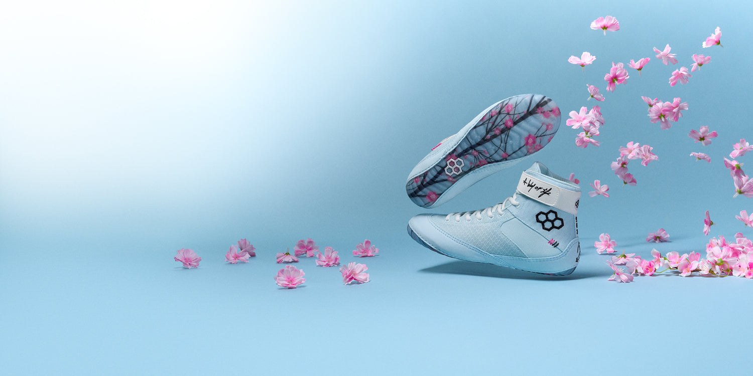 RUDIS Samurai Speed wrestling shoes Cherry Blossom limited edition featuring floral outsole design built for lightweight speed, agility, and mat performance