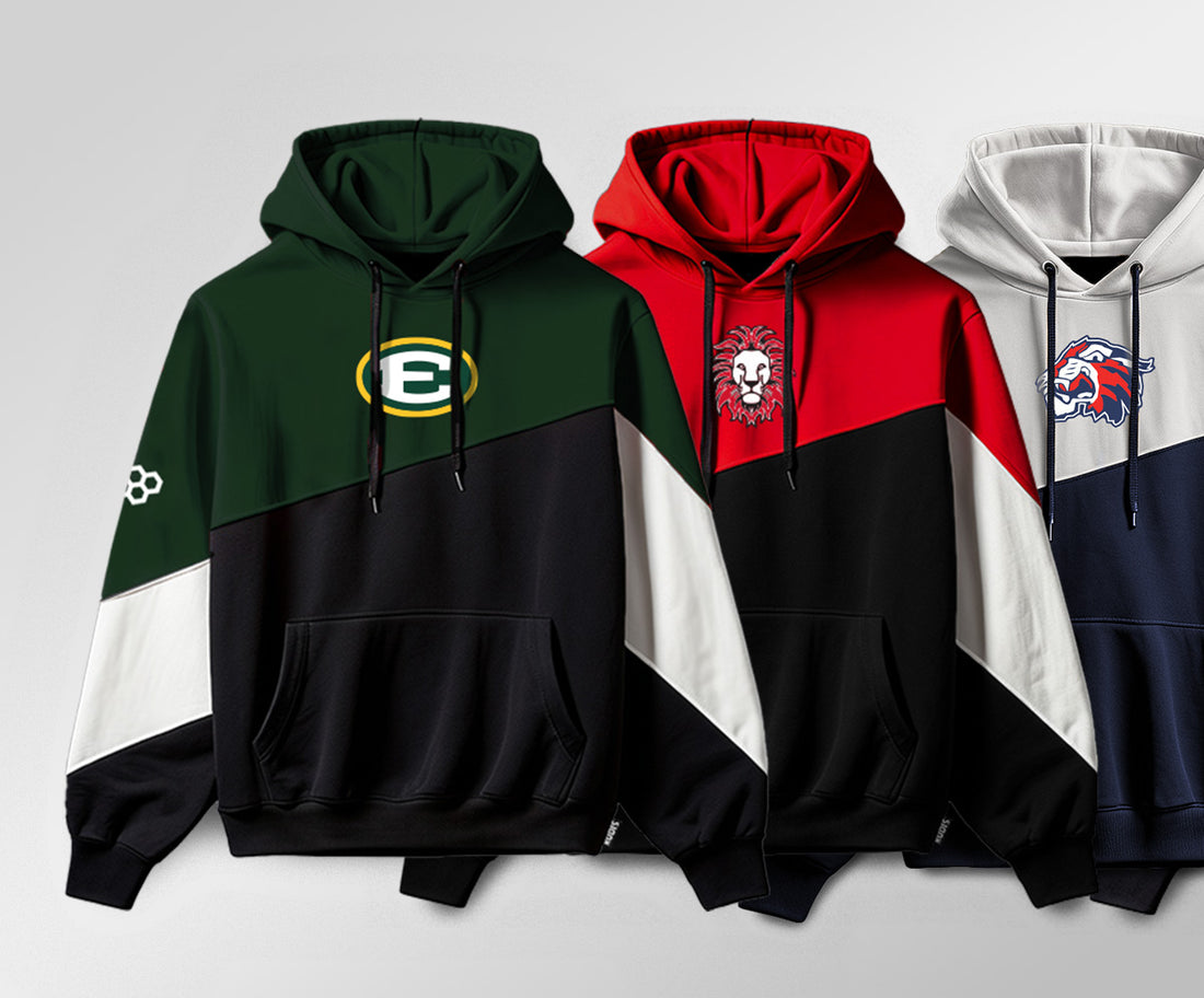 Custom School Team Spirit wear showing Three hoodies with different school designs and colors on a light gray background