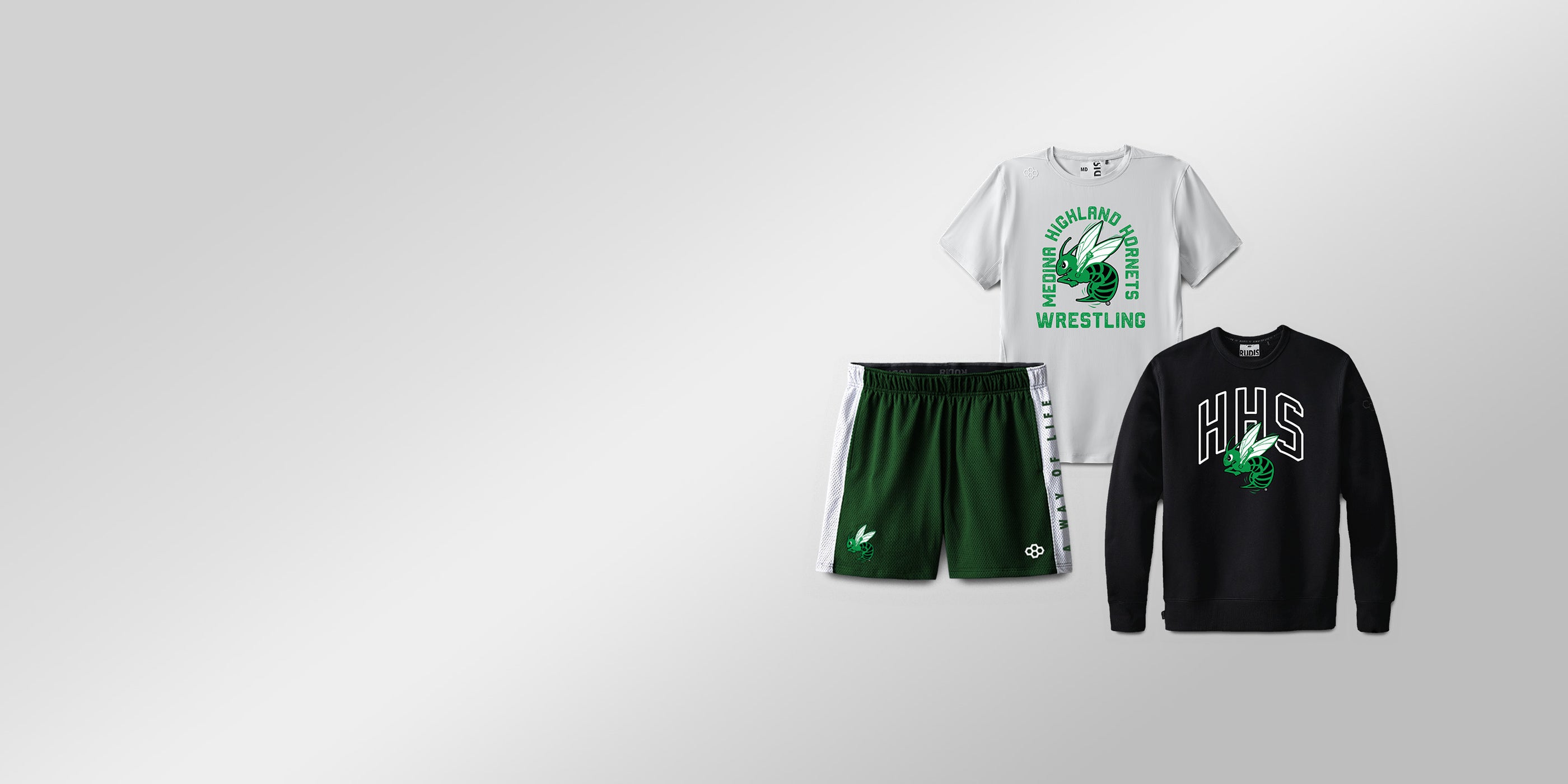 School Custom Team training Wrestling-themed athletic wear including a t-shirt, shorts, and sweatshirt on a white background