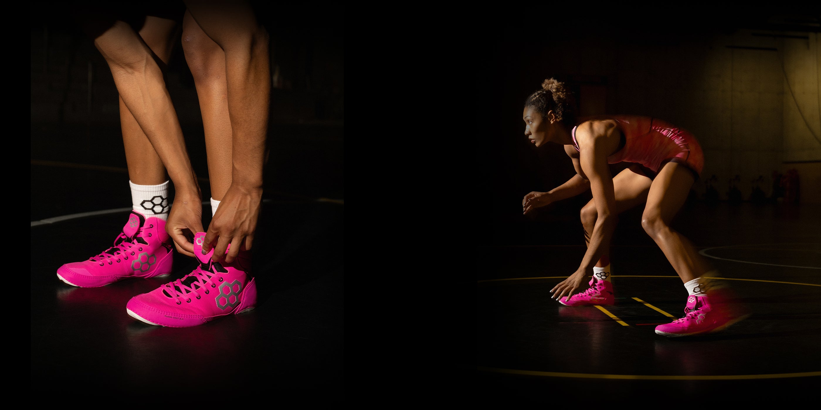 KENNEDY BLADES wrestling in pink RUDIS wrestling shoes. Shown on the wrestling mat and a close up of pink wrestling shoes