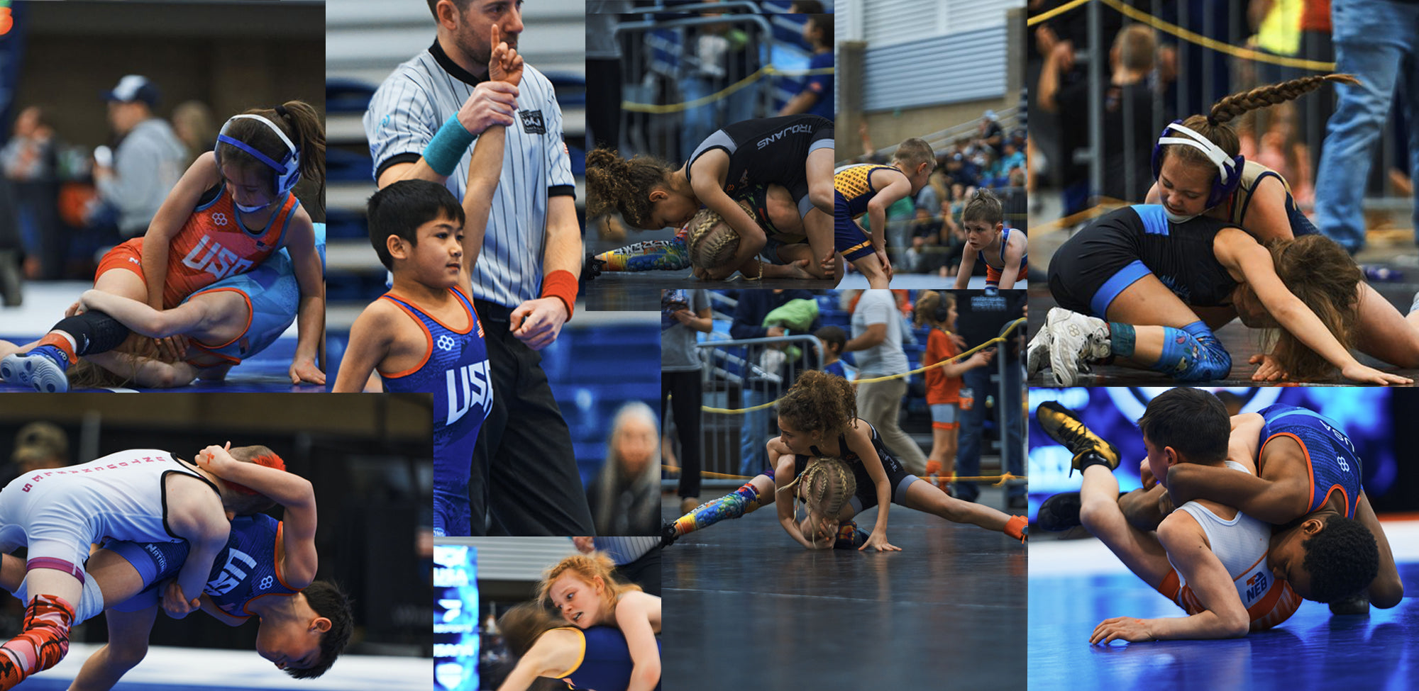 Collage of youth wrestlers competing in RUDIS and Team USA singlets at a tournament, showcasing boys and girls in action with takedowns, scrambles, and victories on the mat – highlighting the next generation of wrestling.