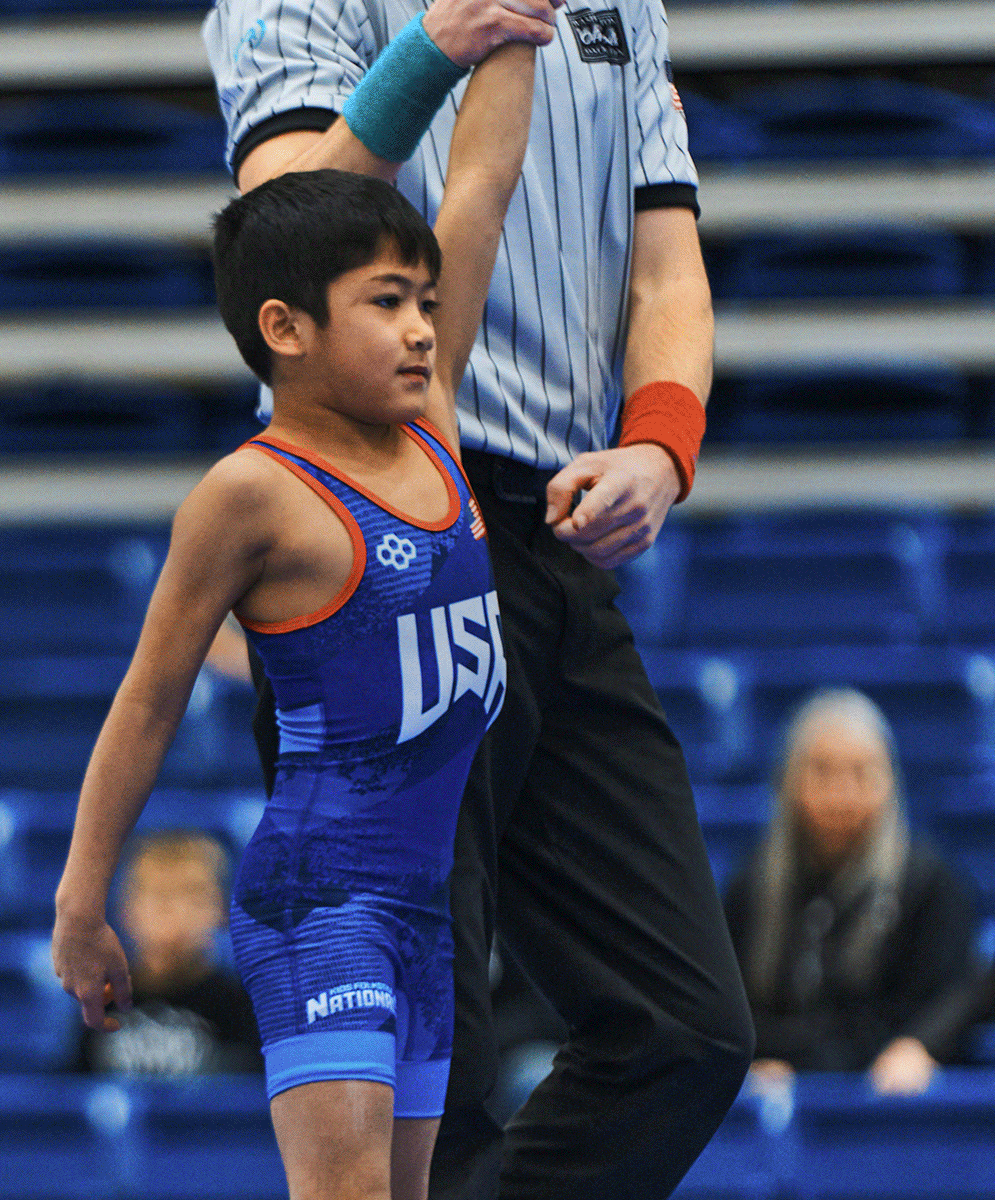 GIF featuring multiple youth wrestlers in RUDIS and USA singlets competing and celebrating victory, including hand-raises by referees, scrambles on the mat, and moments of determination — showcasing the future of youth wrestling.