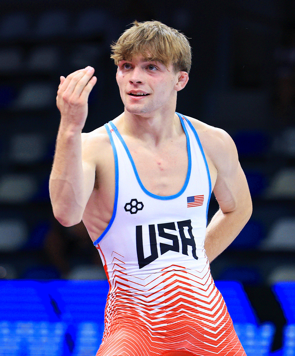 GIF featuring Team RUDIS athletes Marcus Blaze, Kennedy Blades, and Kylie Welker. The sequence highlights Blaze’s confident gestures in a USA Wrestling singlet, Blades’ intensity on the mat, and Welker’s focus and energy — celebrating the next generation of wrestling leaders in RUDIS and Team USA gear.