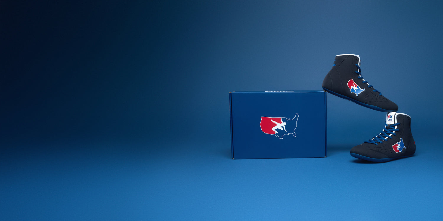 Banner image of the RUDIS International Wrestling Shoes - USA Wrestling styled next to the blue box and on a blue background.