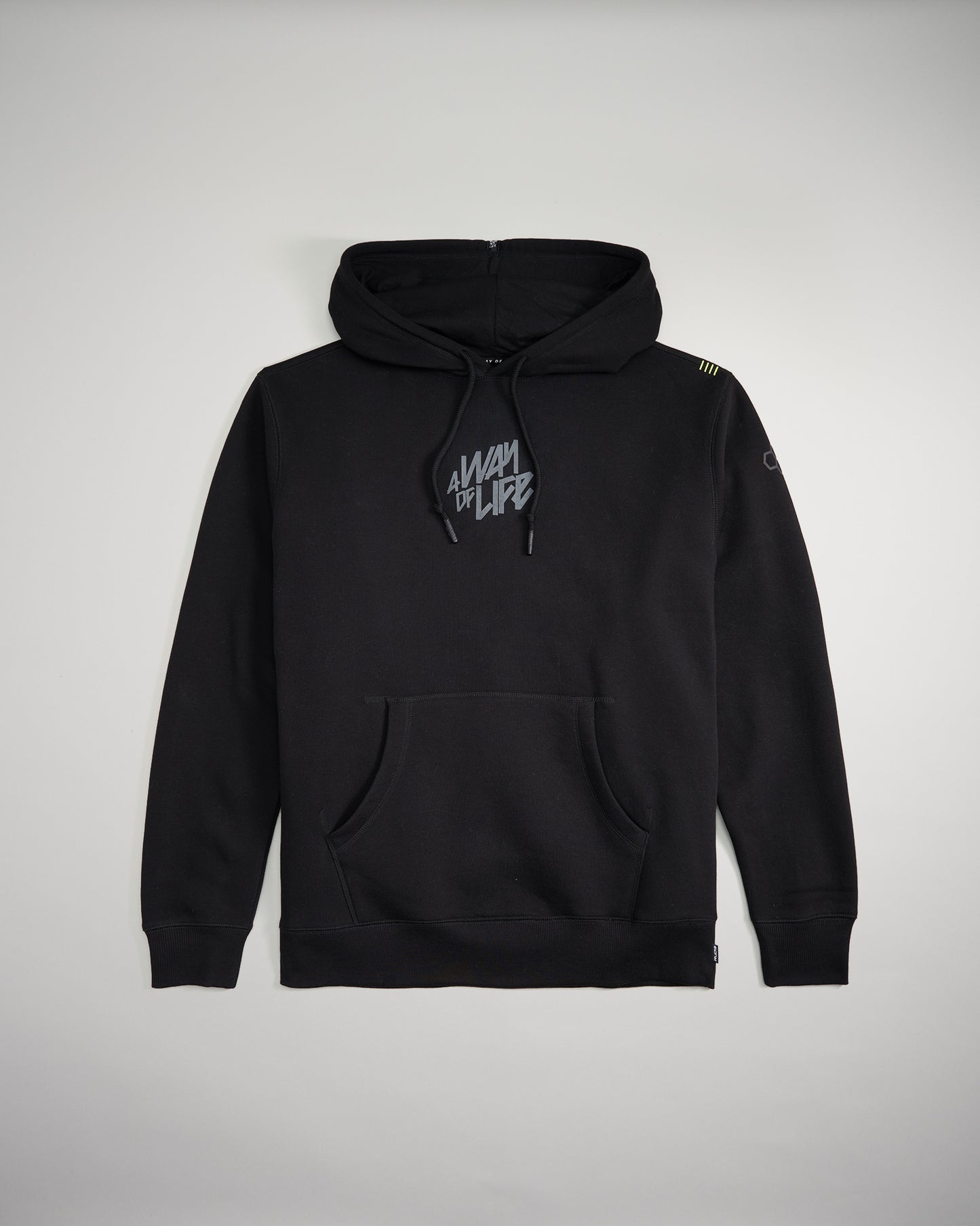 A black hoodie featuring a prominent logo that reads A WAY OF LIFE and distinct design elements including a zippered neck and yellow stripes on the shoulder