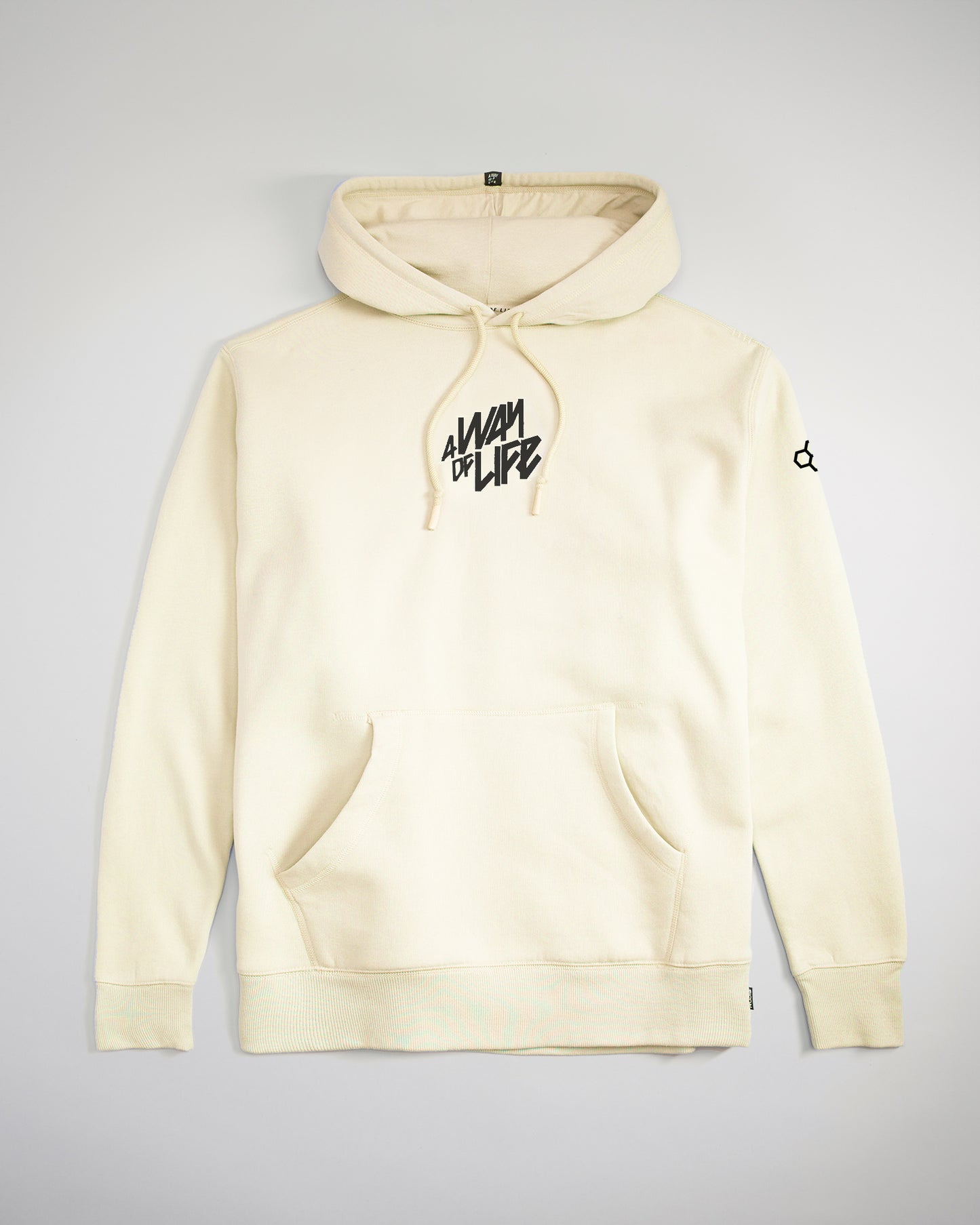 A cream-colored hoodie featuring the phrase a way of life printed in bold black text on the front and a logo on the sleeve