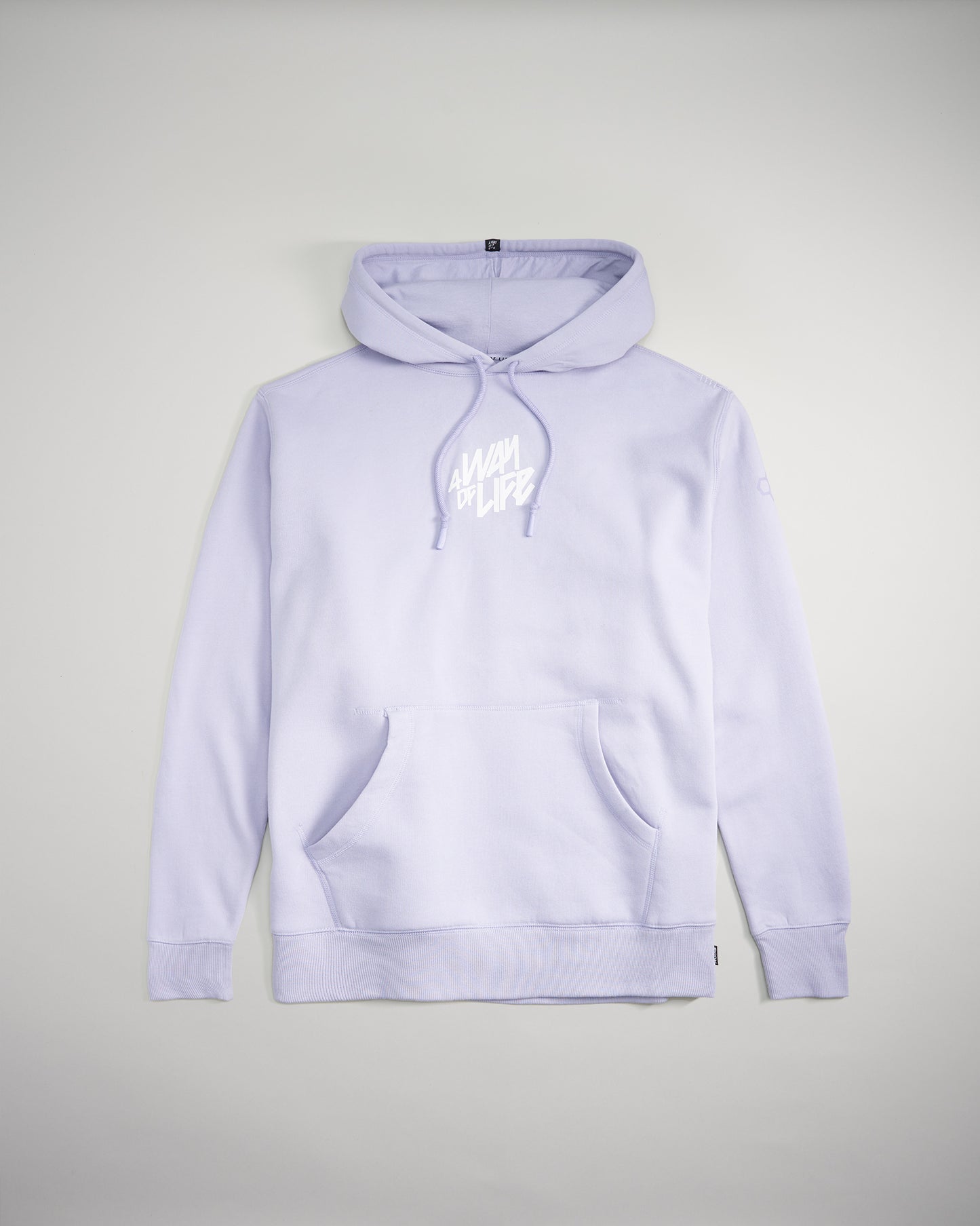 A light lavender hoodie featuring a front pocket and the phrase A Way of Life emblazoned in white script on the chest