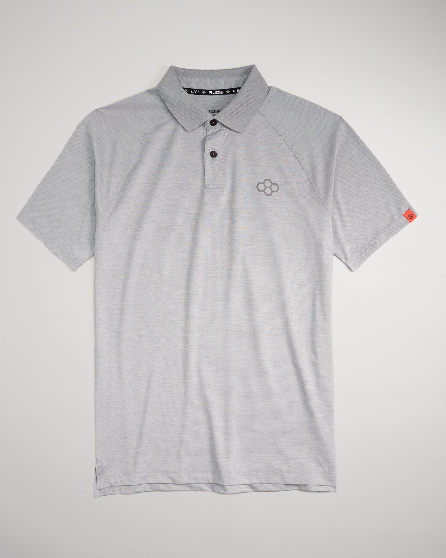 A light gray polo shirt featuring a classic collar subtle striped pattern and a logo on the chest