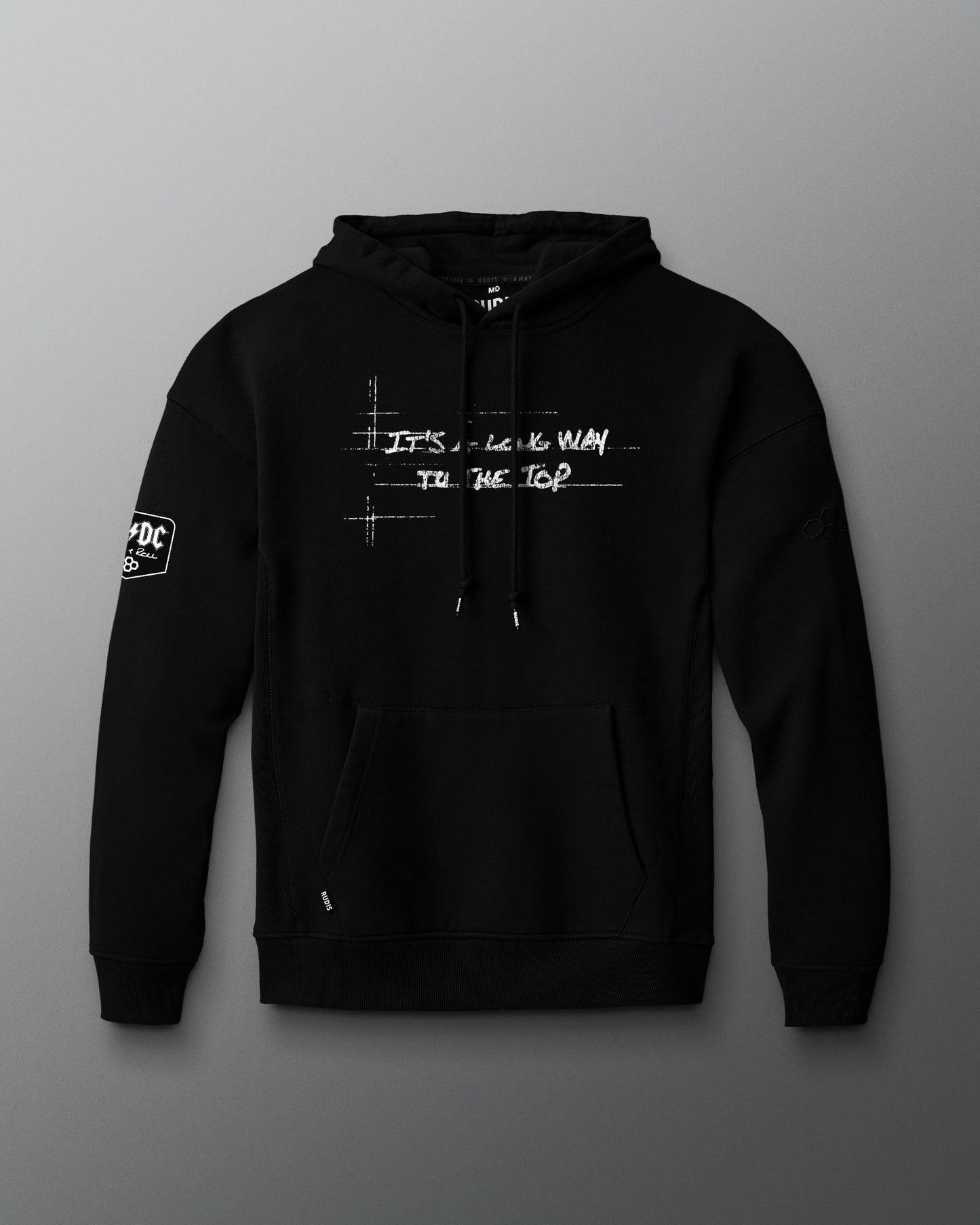 Black hoodie with text design on a gray background