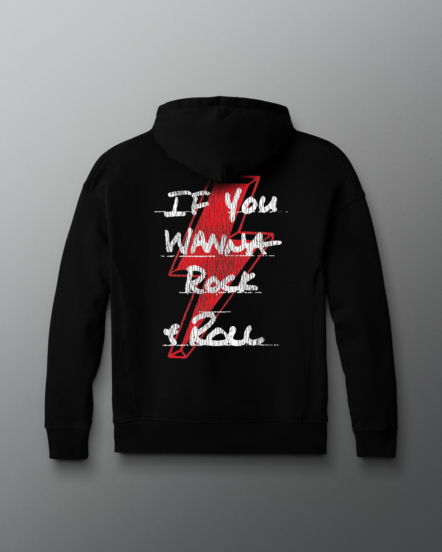 Black hoodie with red lightning bolt and white text on a gray background