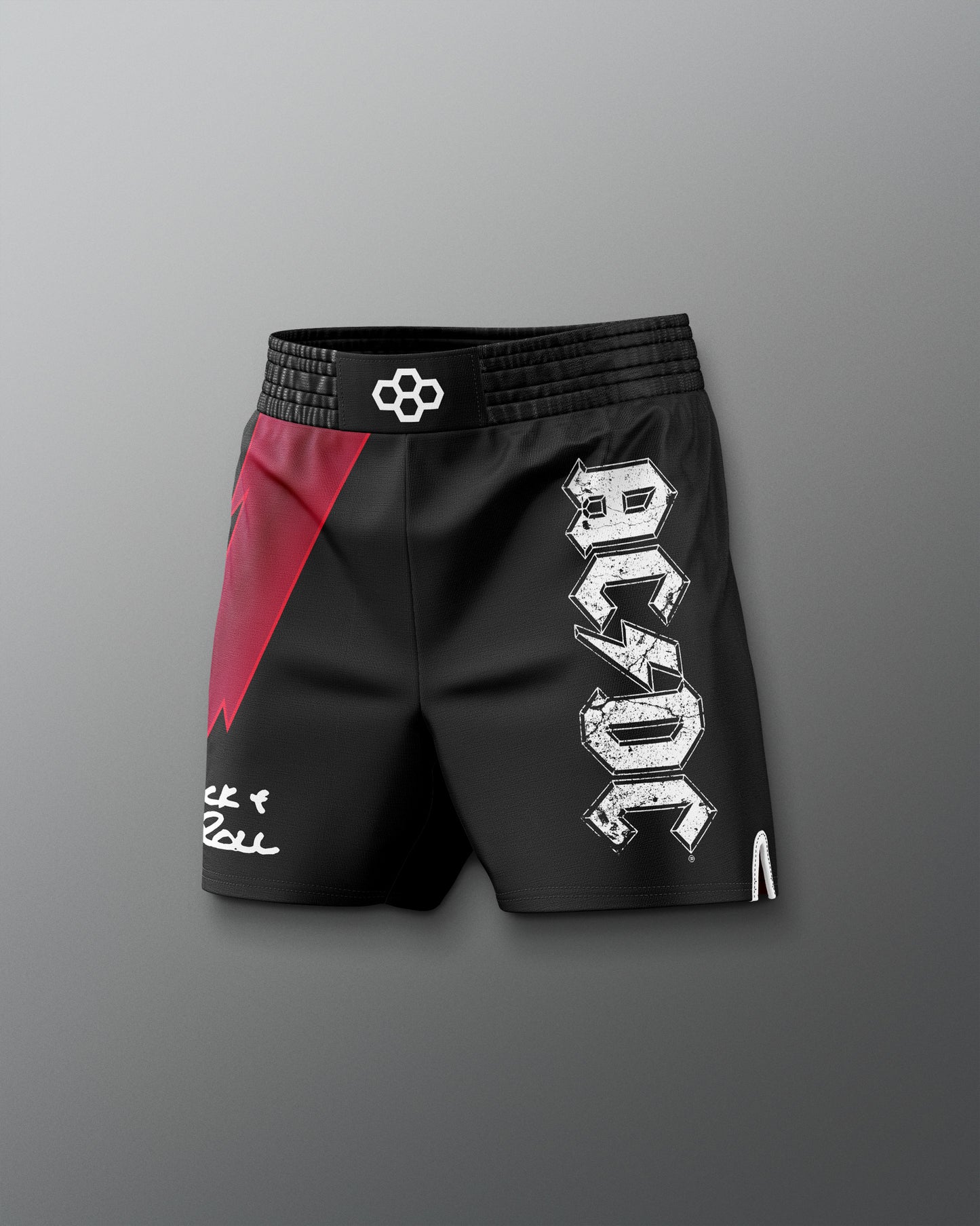 Black shorts with red accents and white text on a gray background