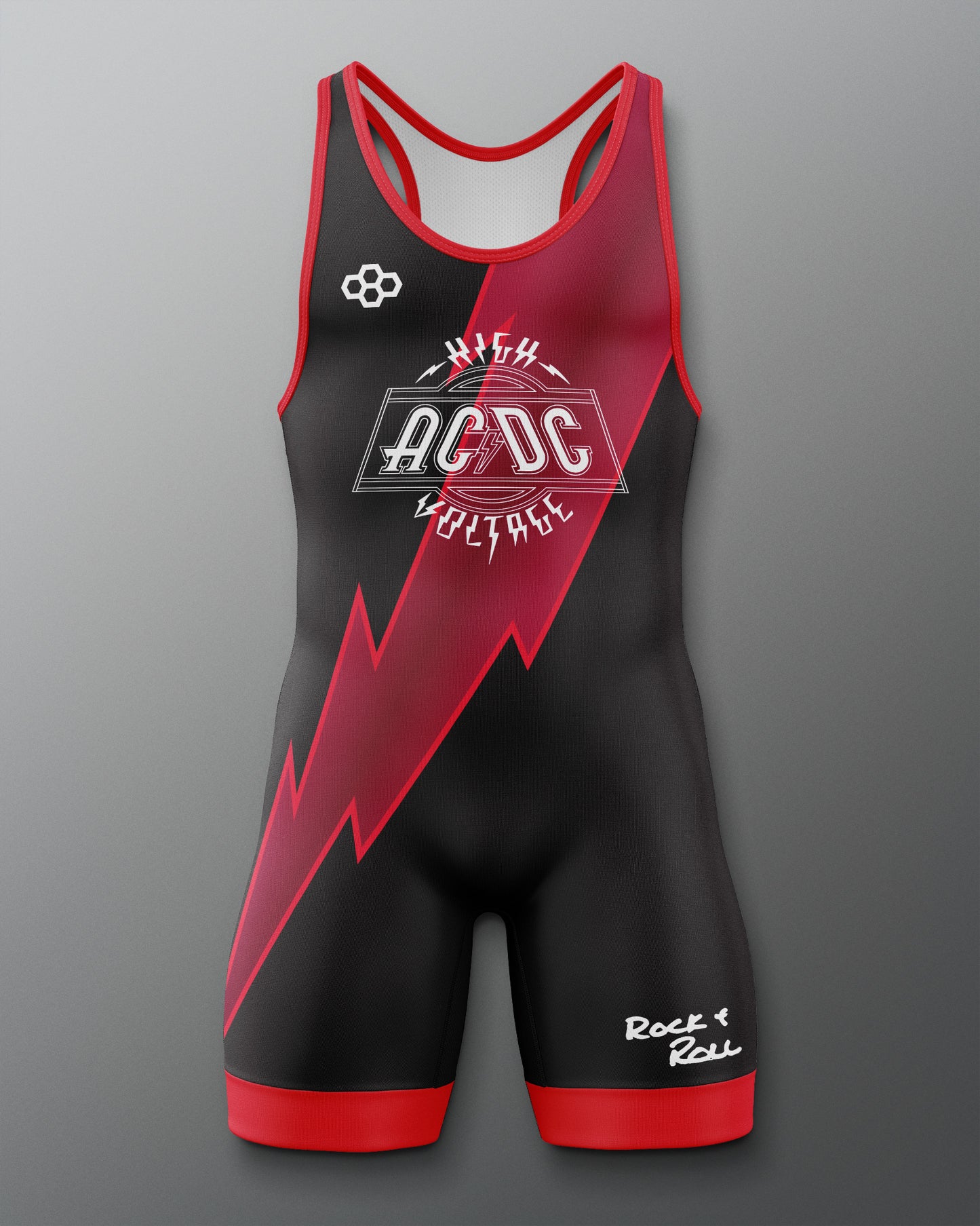Black and red wrestling singlet with AC/DC logo on a gray background