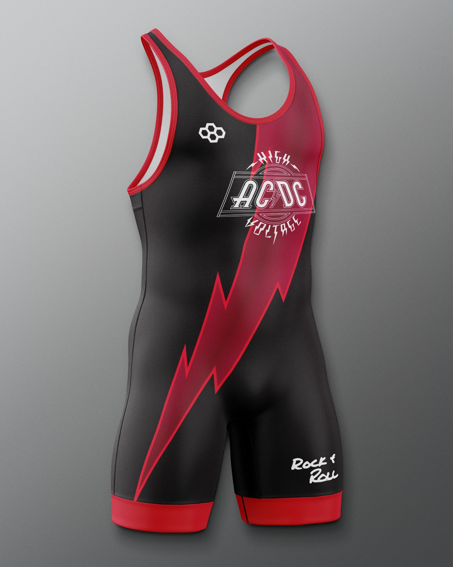 Black and red athletic suit with AC/DC logo on a gray background