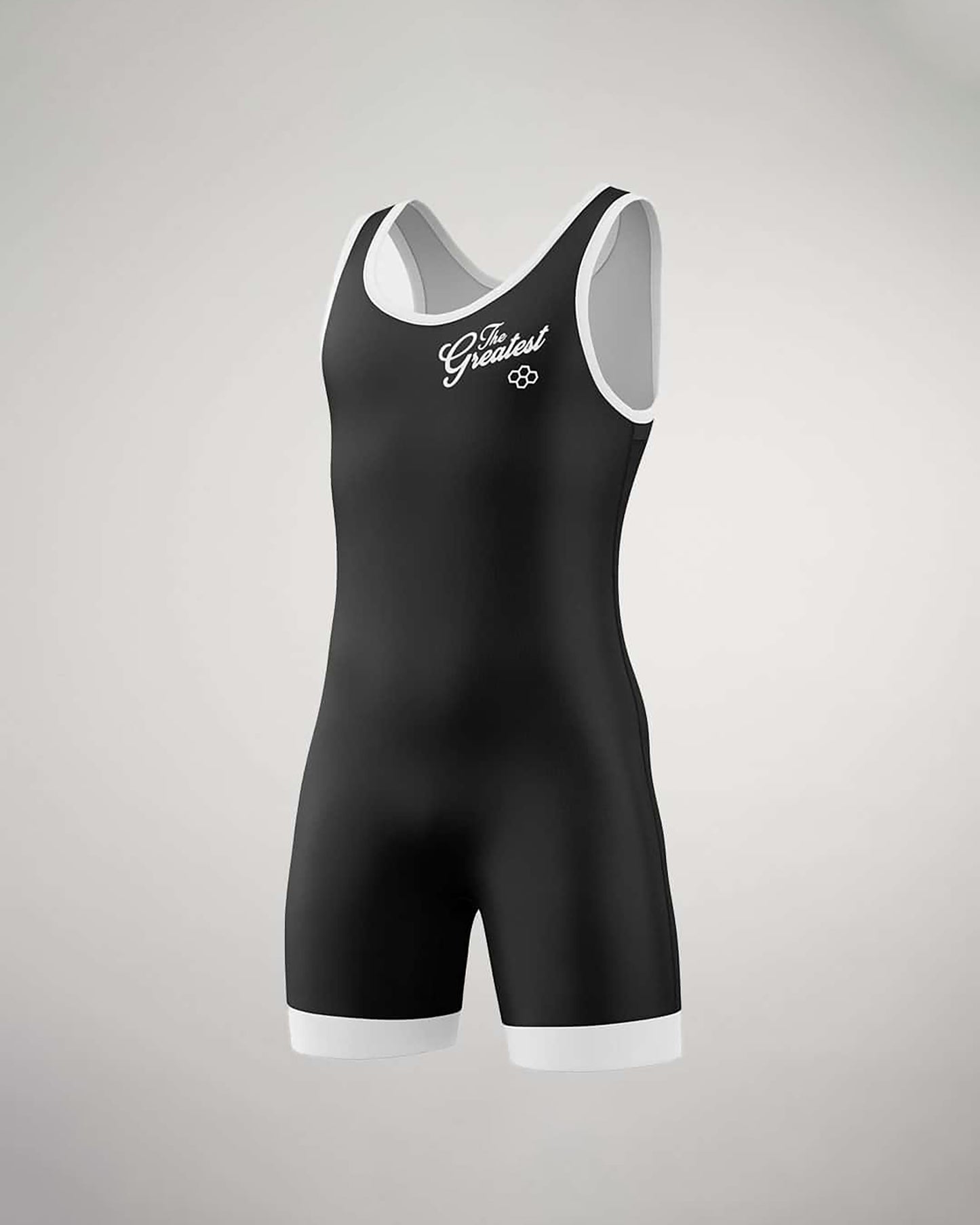 Black wrestling singlet with words "The Greatest" on the front