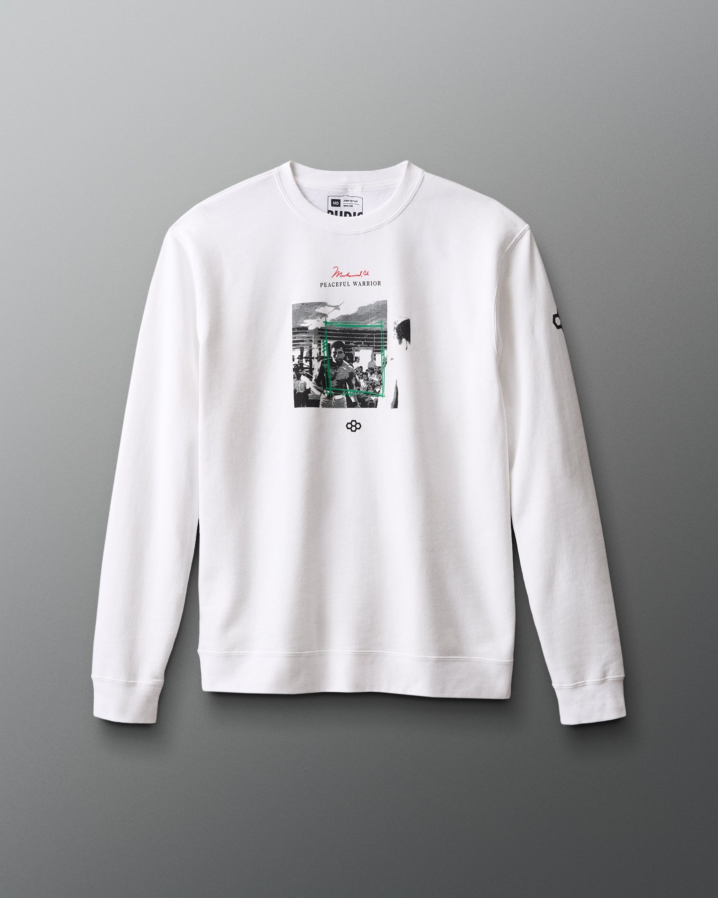 White sweatshirt with a graphic design on a gray background. Muhammad Ali