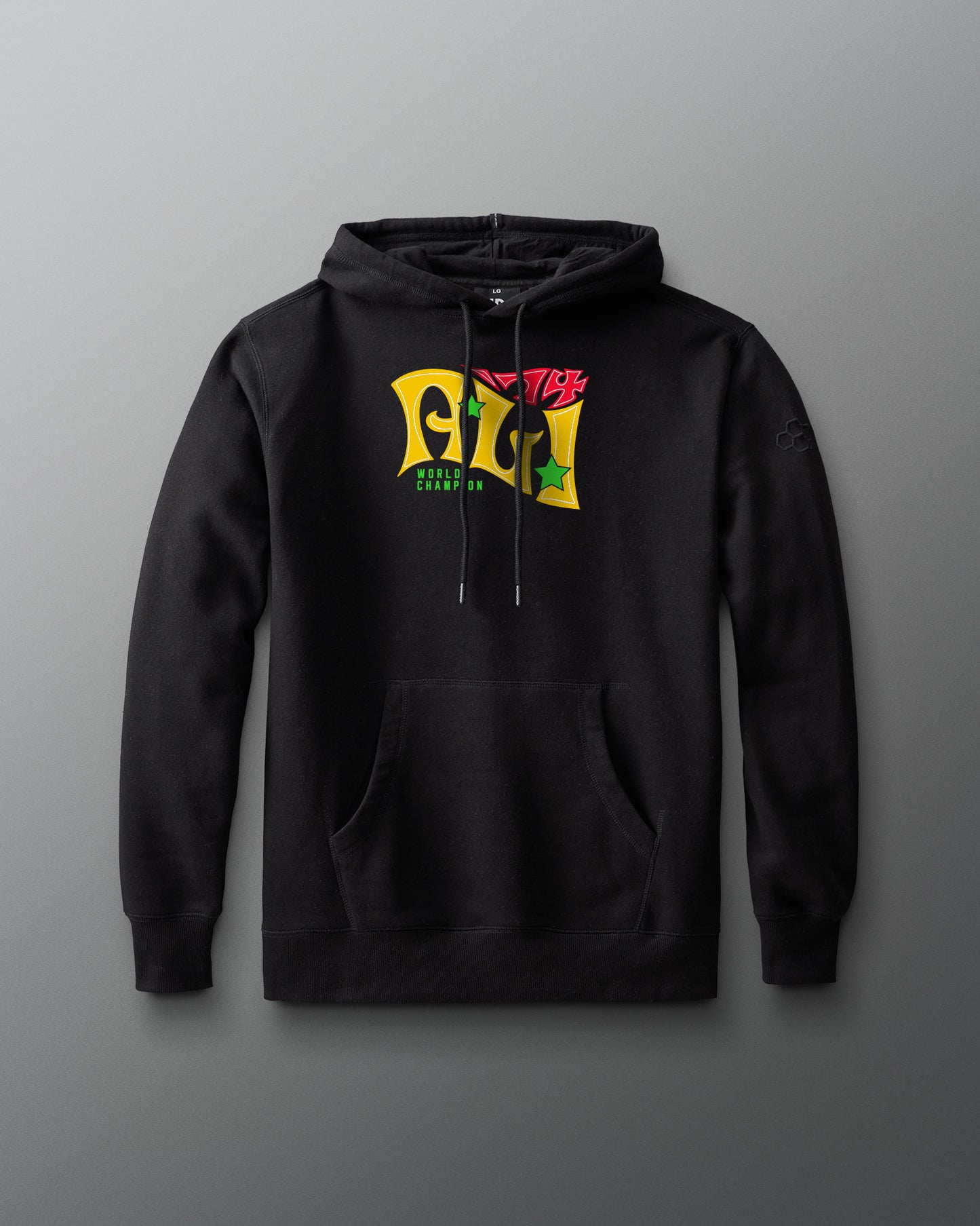 Black hoodie with colorful logo on a gray background