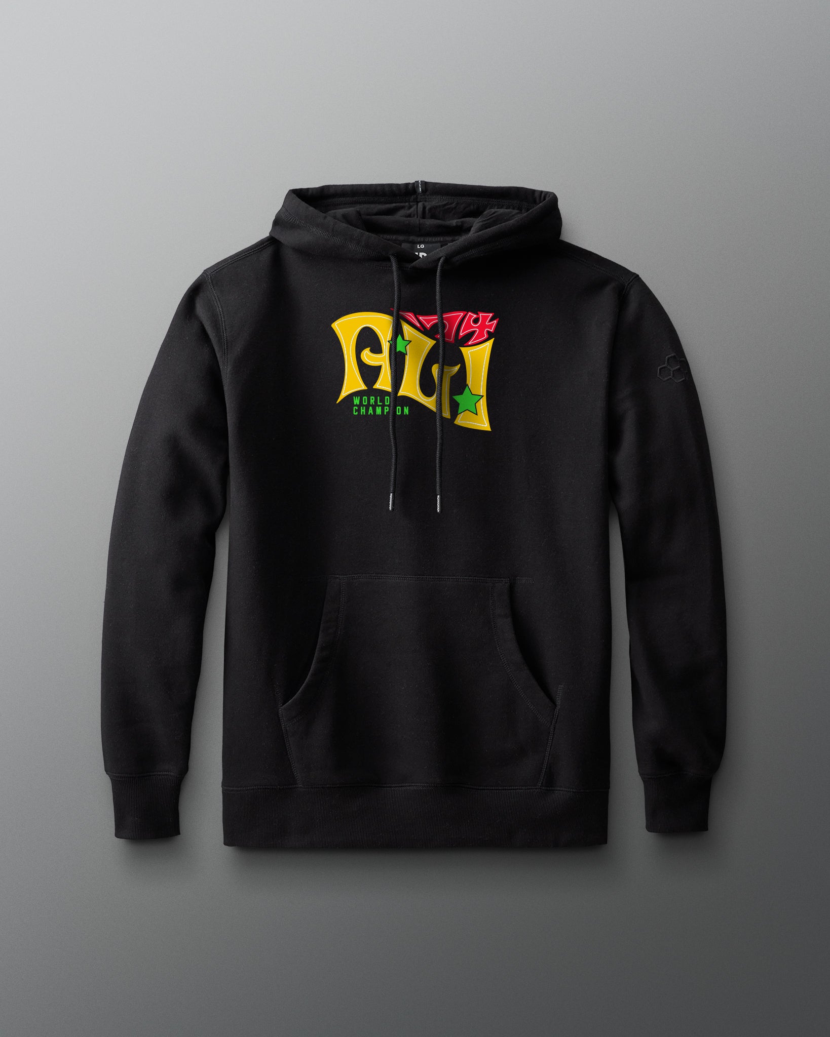 Black hoodie with colorful logo on a gray background