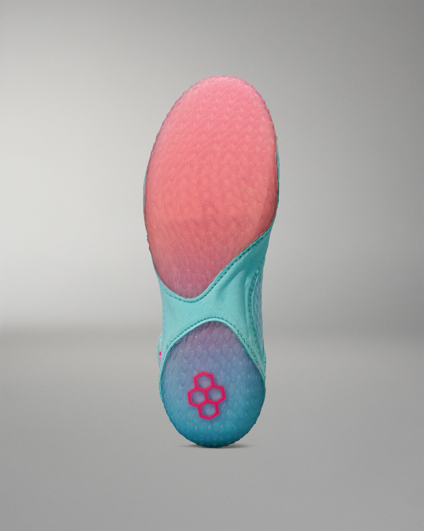 Colorful Wrestling Shoe sole with a brand logo, RUDIS quadhex, on a gray background