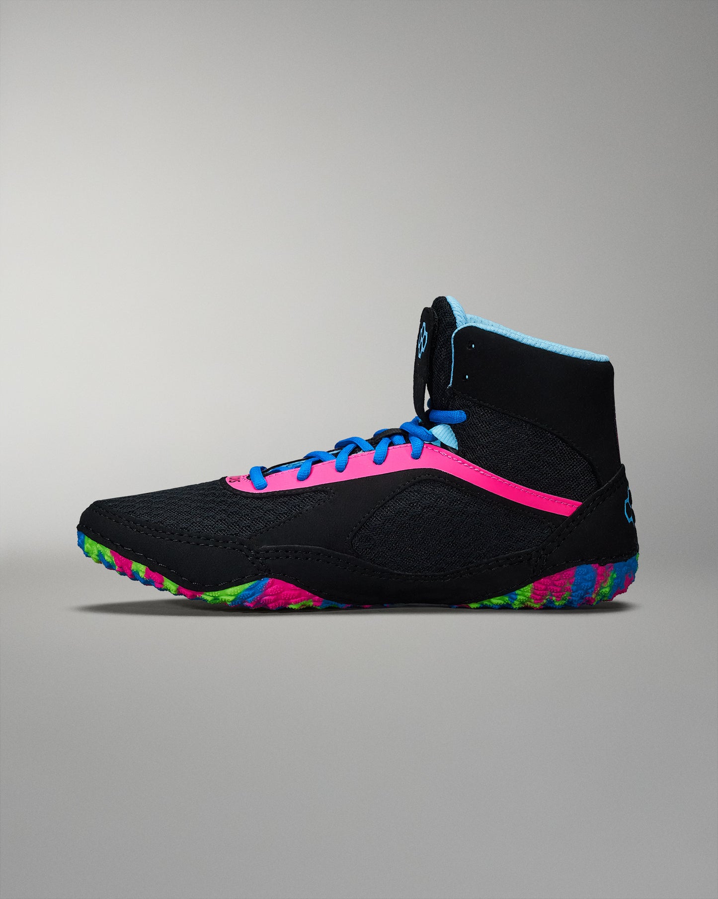 High-top athletic shoe featuring a comfortable black upper, bright blue laces, and a multicolored textured sole designed for traction.