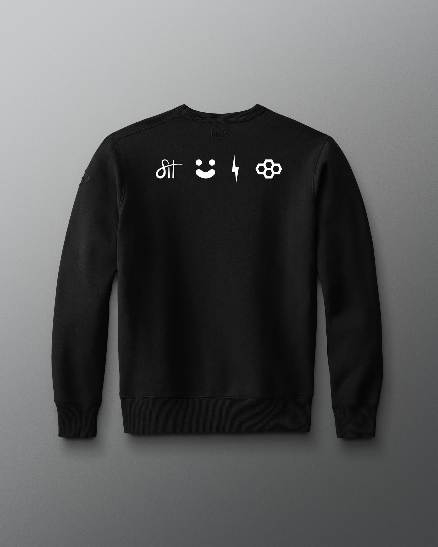 Black sweatshirt with white graphics on a gray background