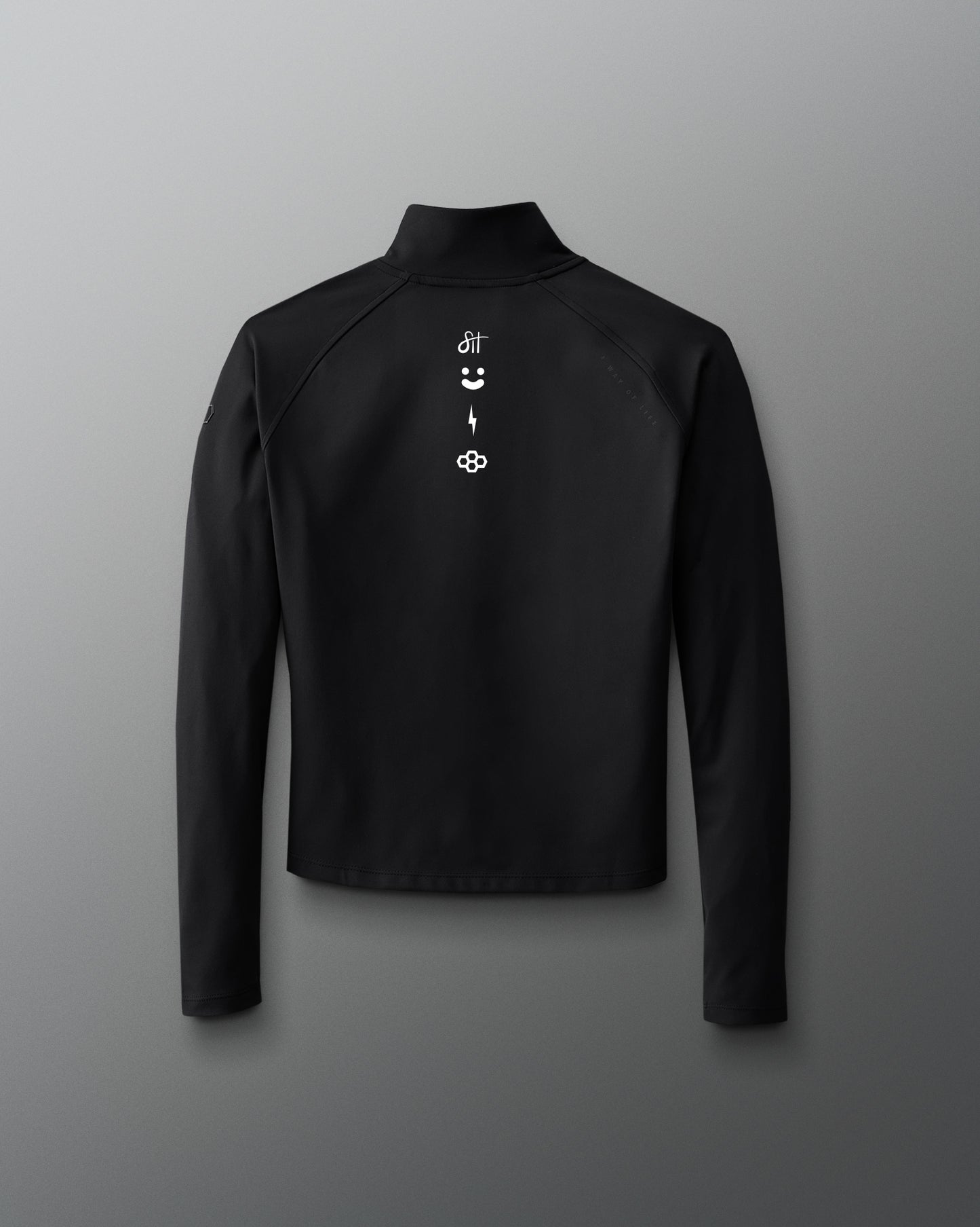 Black long-sleeve shirt with brand logo on a gray background