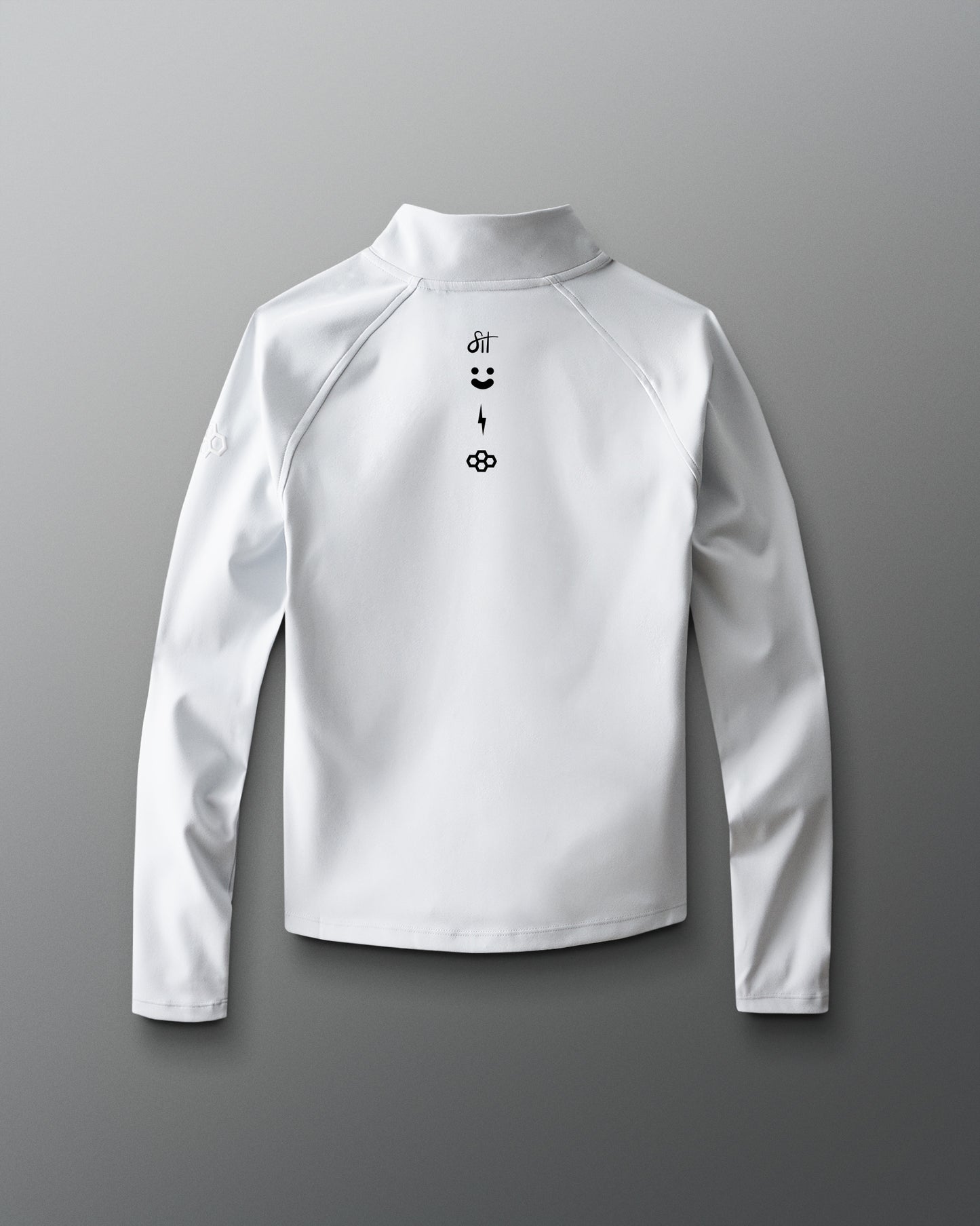 White long-sleeve shirt with a logo on a gray background