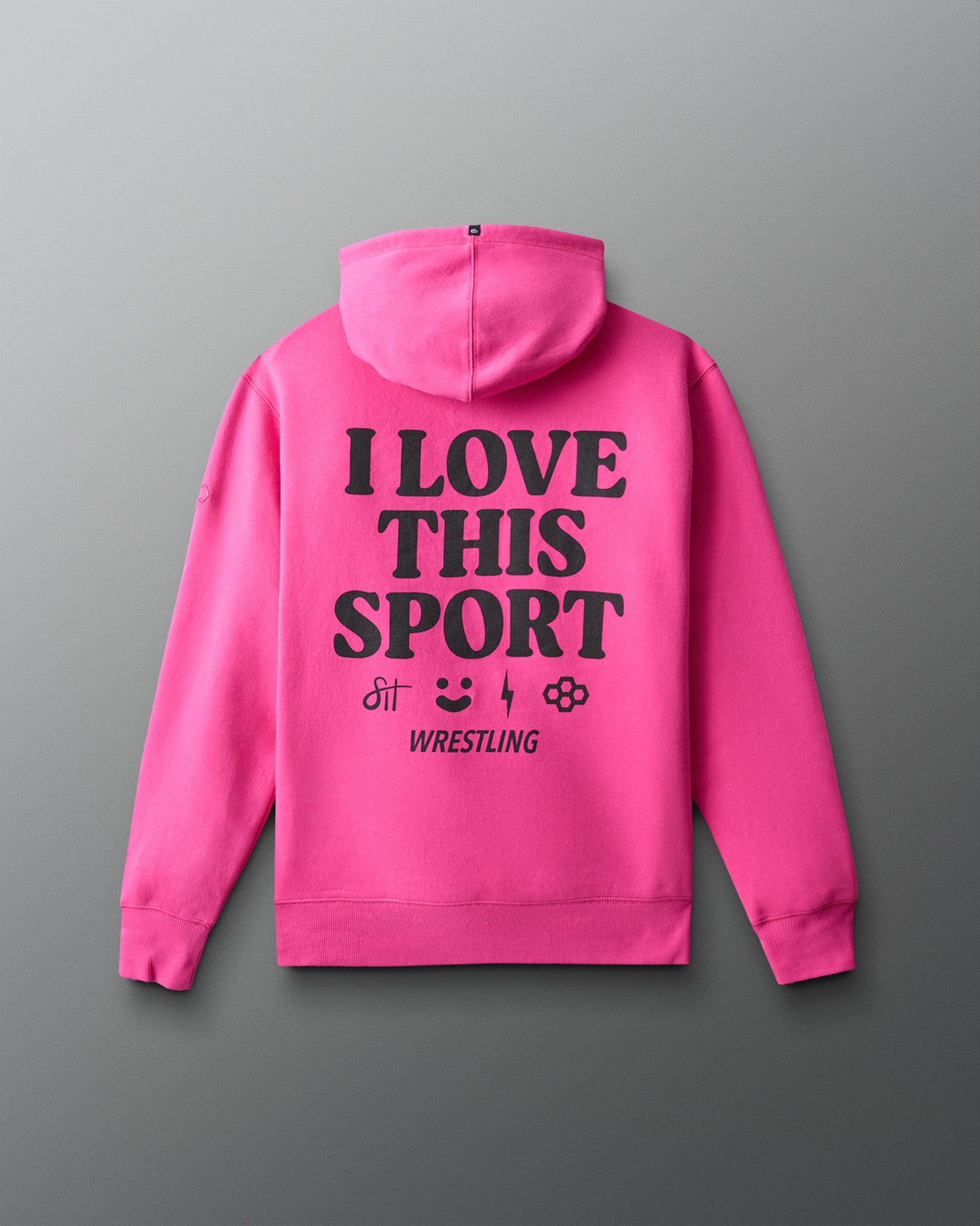 Pink hoodie with 'I Love This Sport' text on the back against a gray background