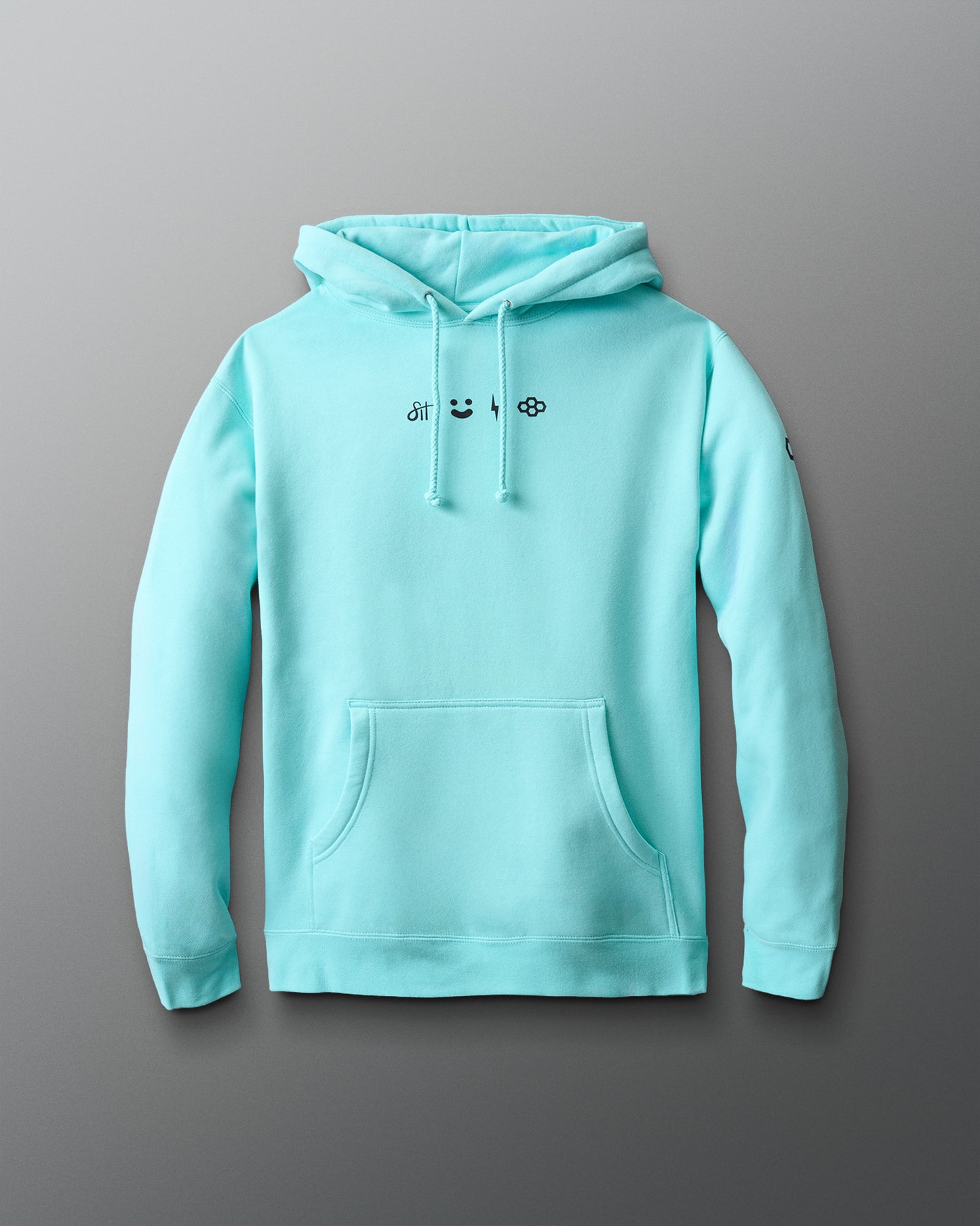 Light blue hoodie with small black graphics on a gray background