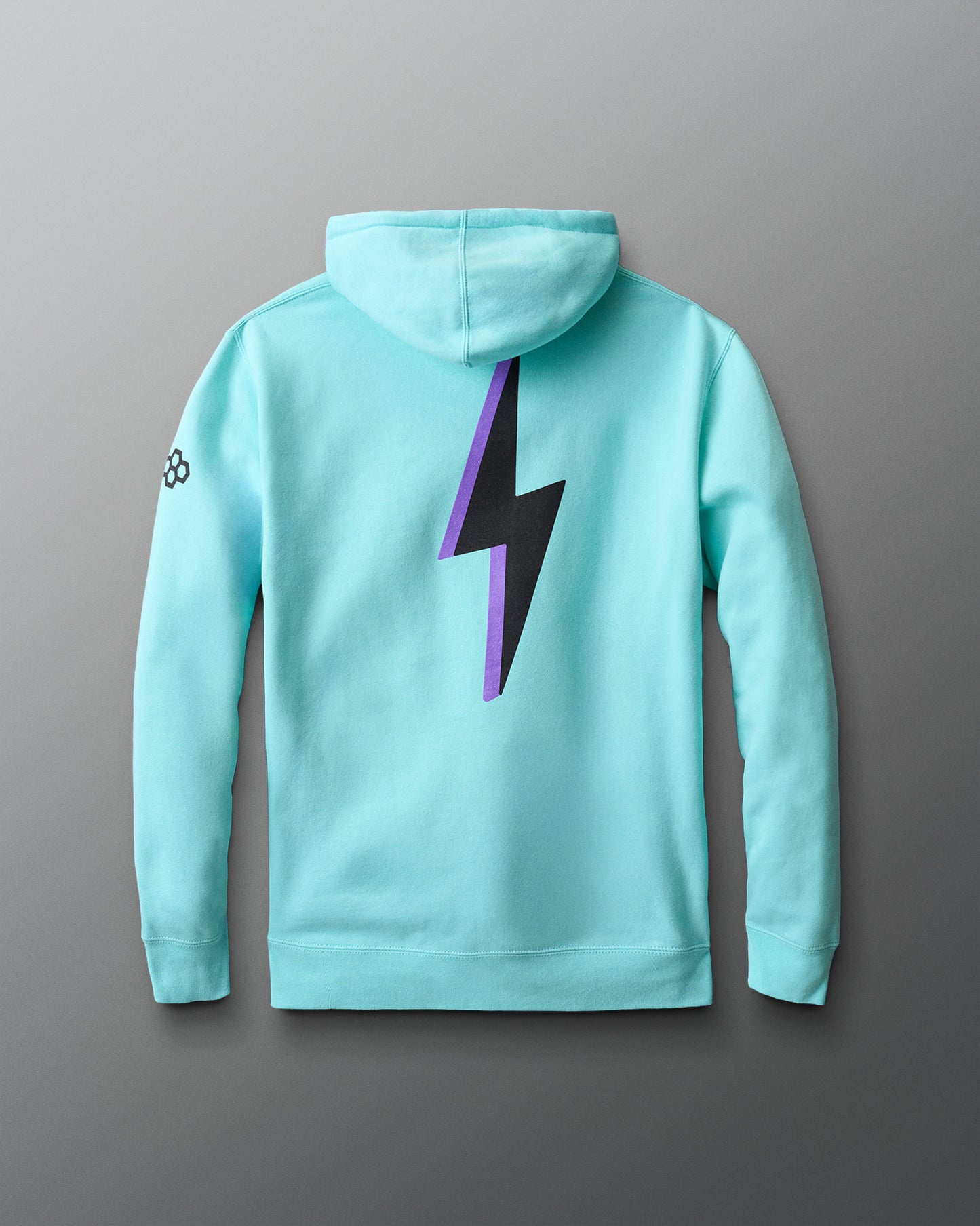 Light blue hoodie with a purple lightning bolt design on a gray background