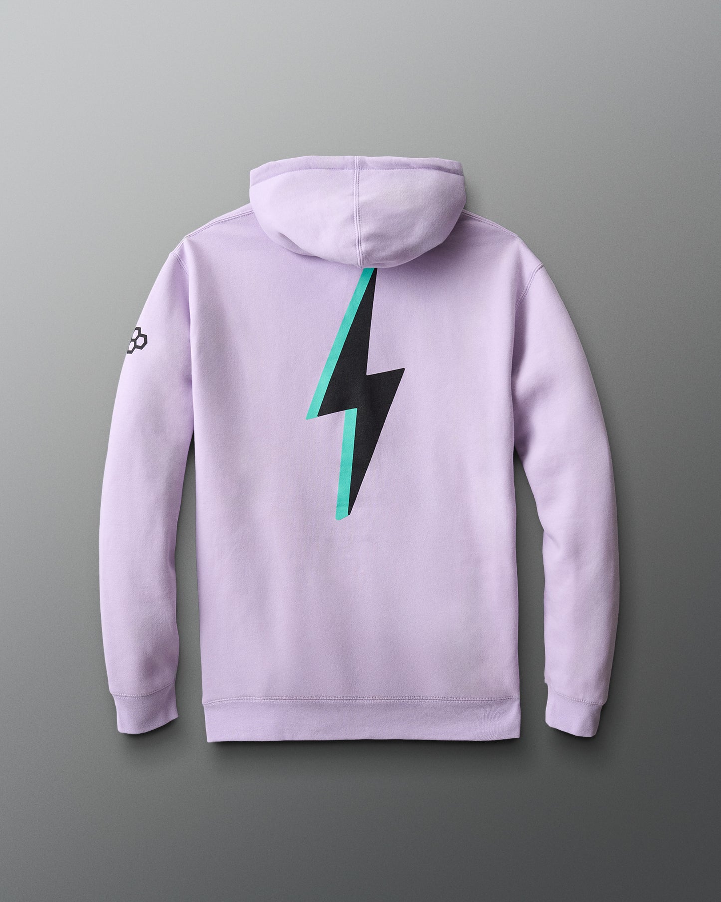 Light purple hoodie with a black and green lightning bolt design on the back against a gray background