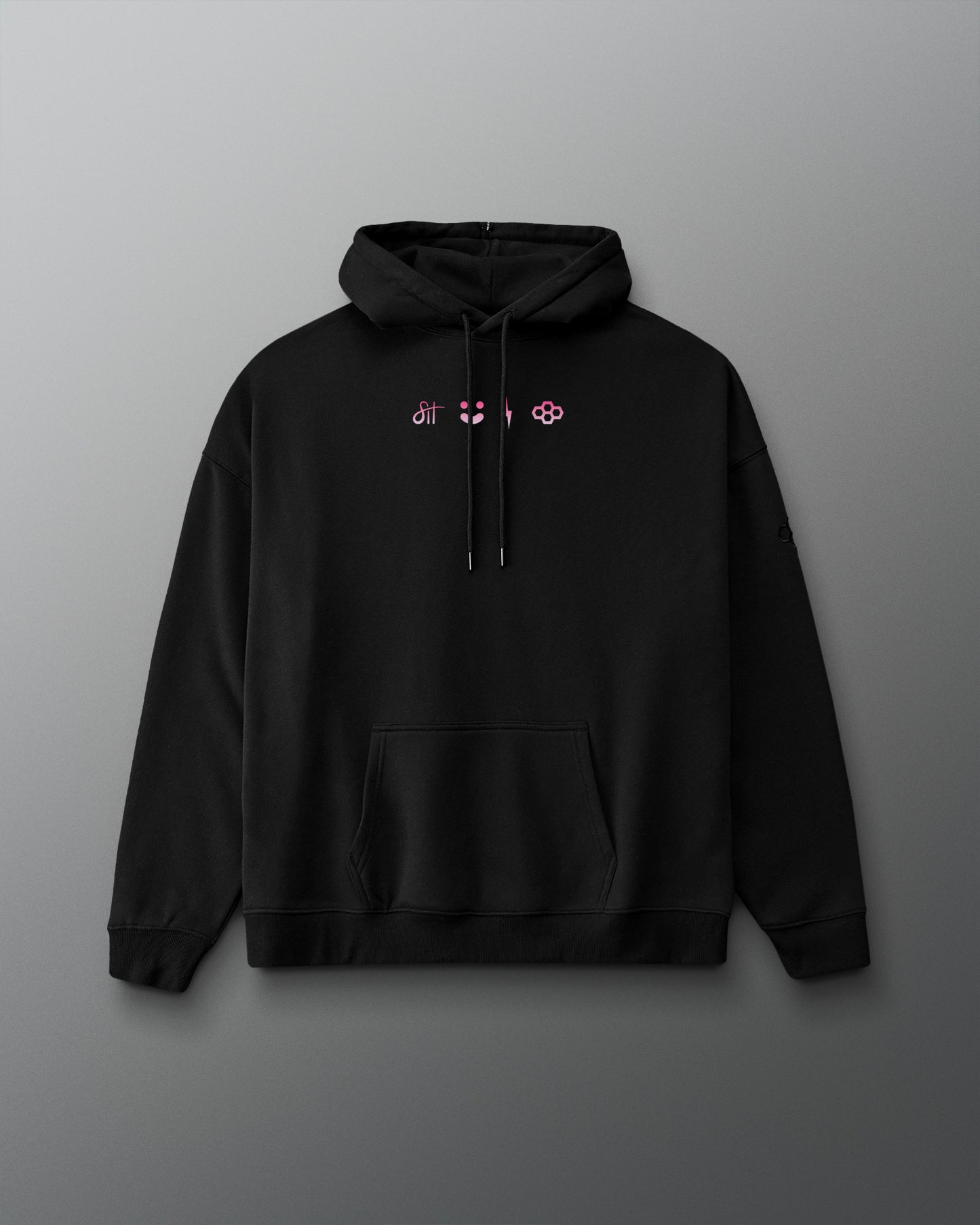 A black pullover hoodie with a small pink and white graphic logo across the chest, displayed against a neutral gray background.