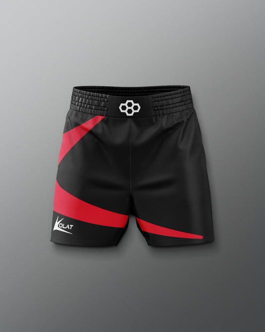 Black and red shorts with a 'Kolat' logo on a gray background