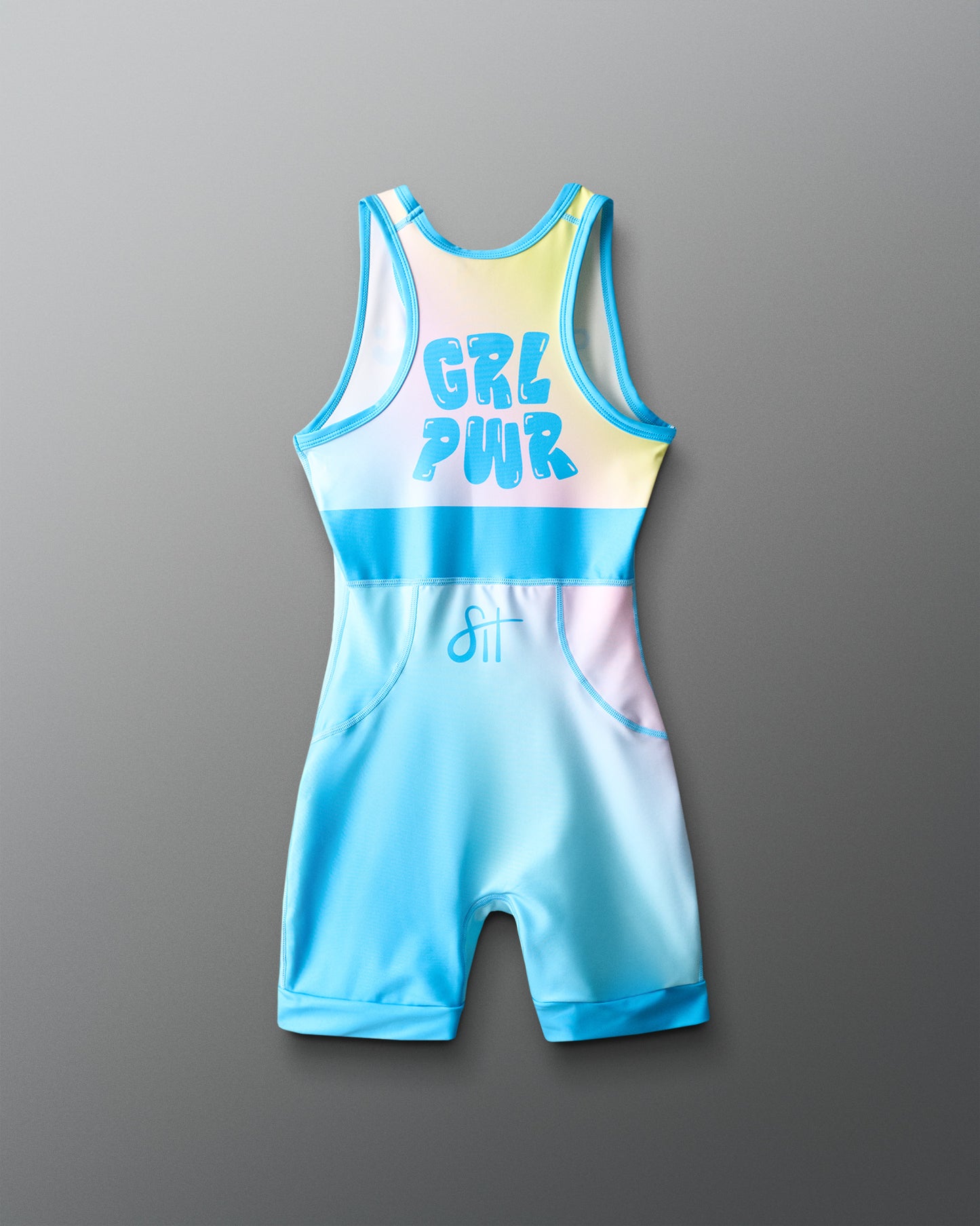 Colorful wrestling singlet with 'Girl Power' text on a gray background