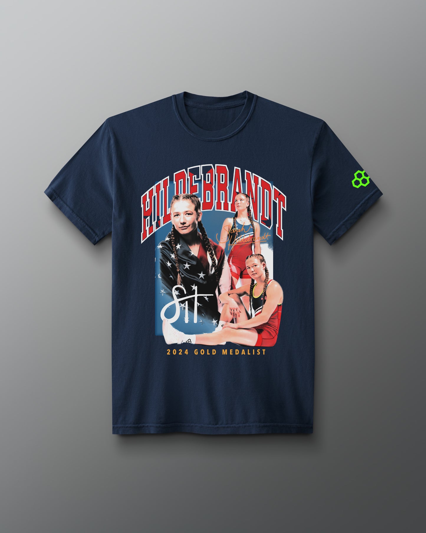 A navy blue heavyweight t-shirt featuring a graphic print of a person and text related to Sarah Hildebrandt.