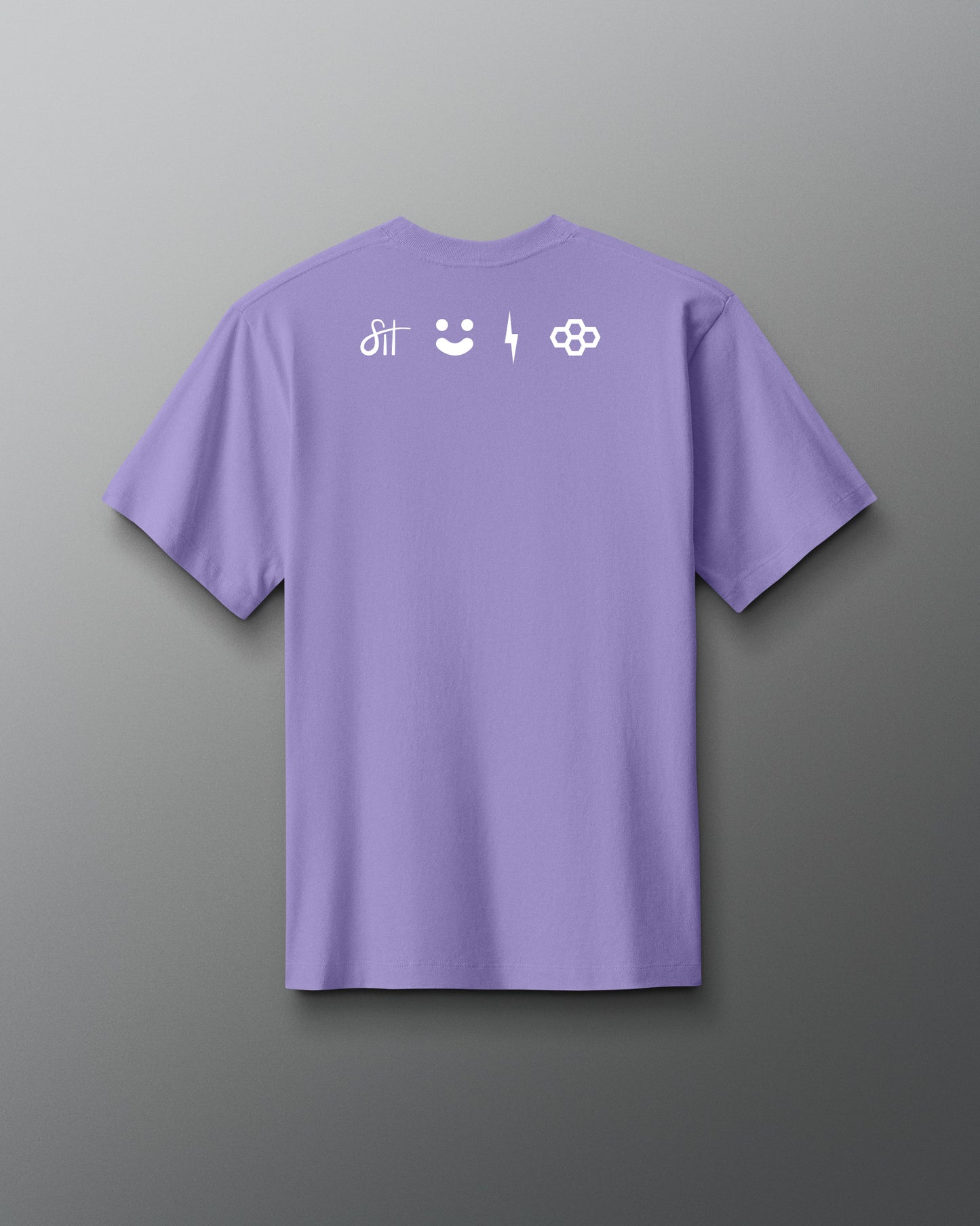 Purple t-shirt with white icons on the back against a gray background