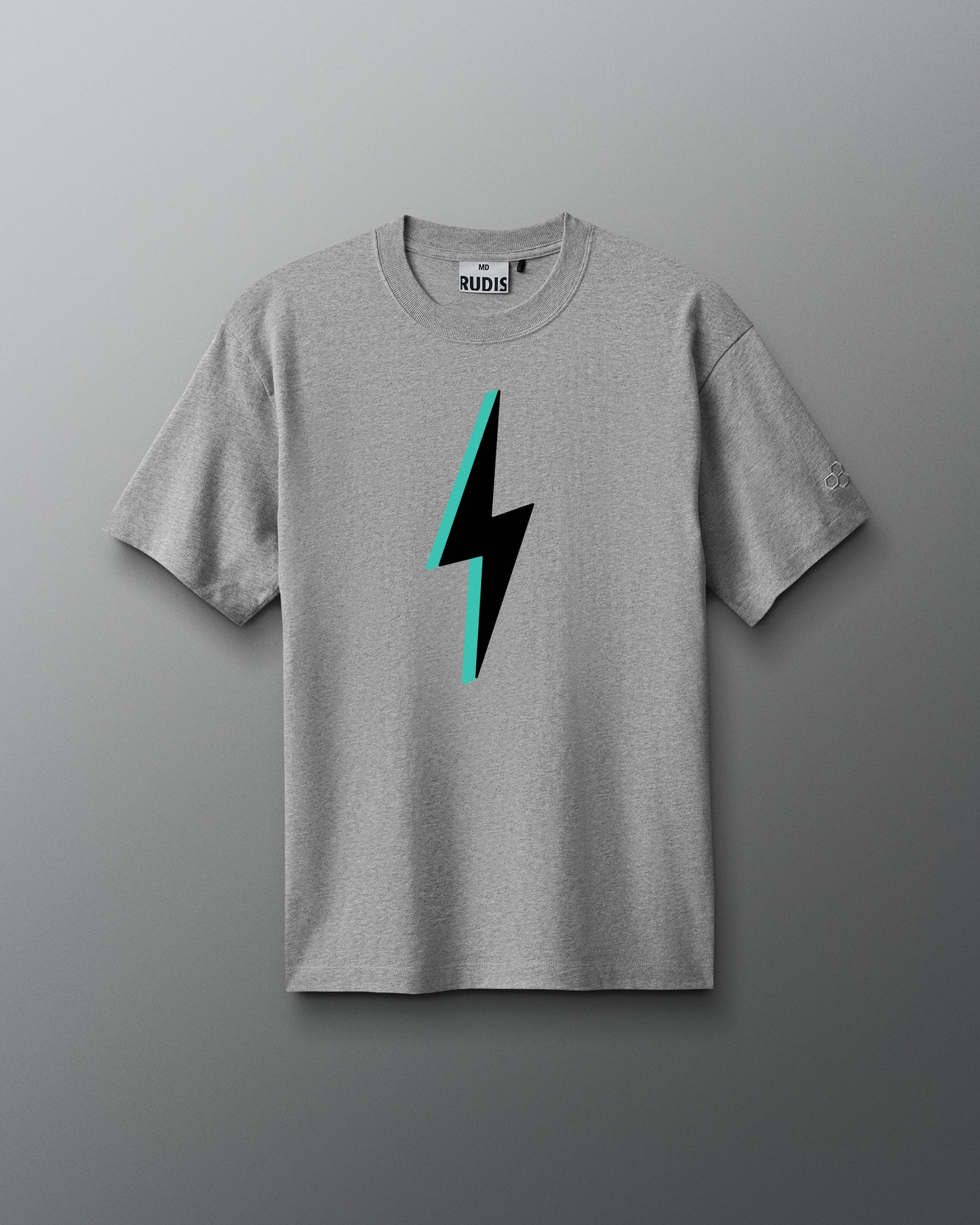 Gray t-shirt with a black and teal lightning bolt design on a gray background