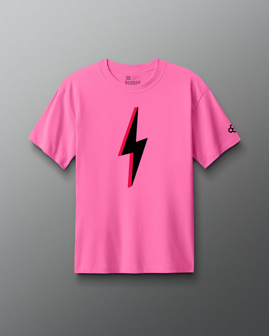 Pink t-shirt with a black lightning bolt design on a gray background