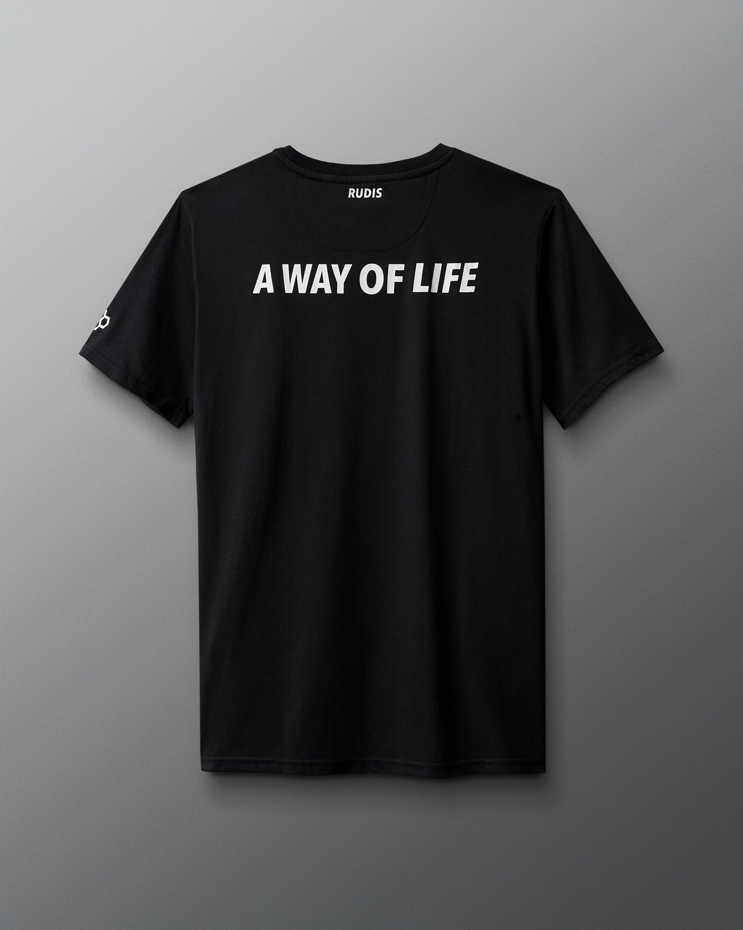 Black t-shirt with 'A Way of Life' text on a gray background