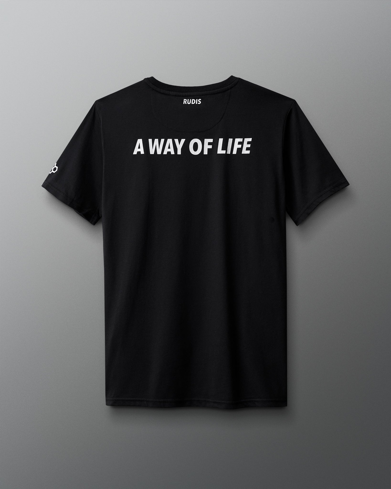 Black t-shirt with 'A Way of Life' text on a gray background
