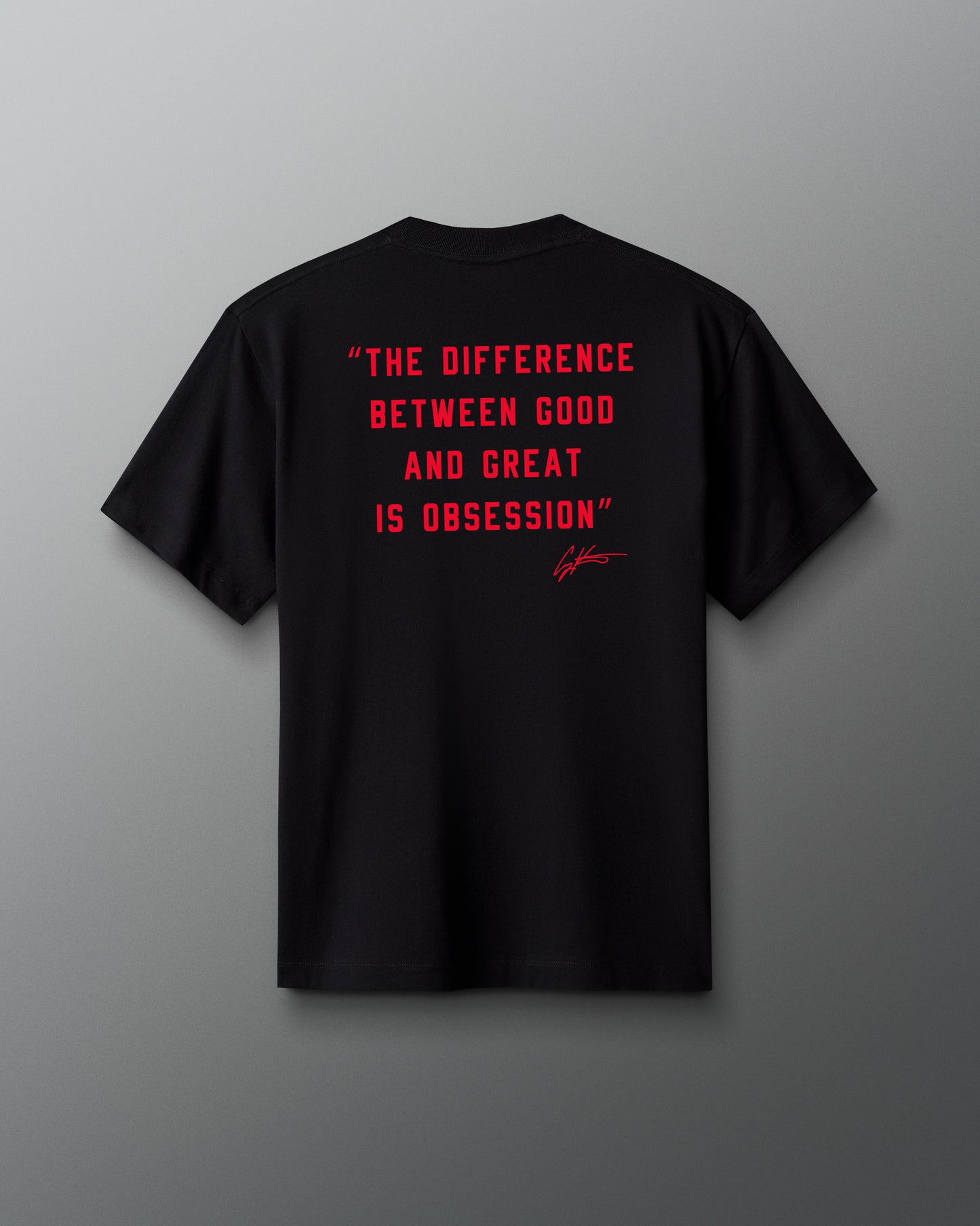 Black t-shirt with red text on a gray background