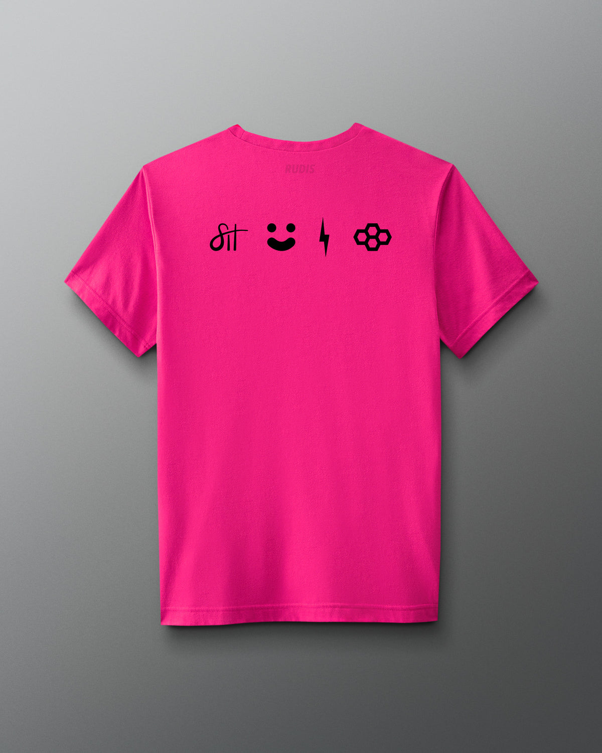 Pink t-shirt with black graphics on a gray background