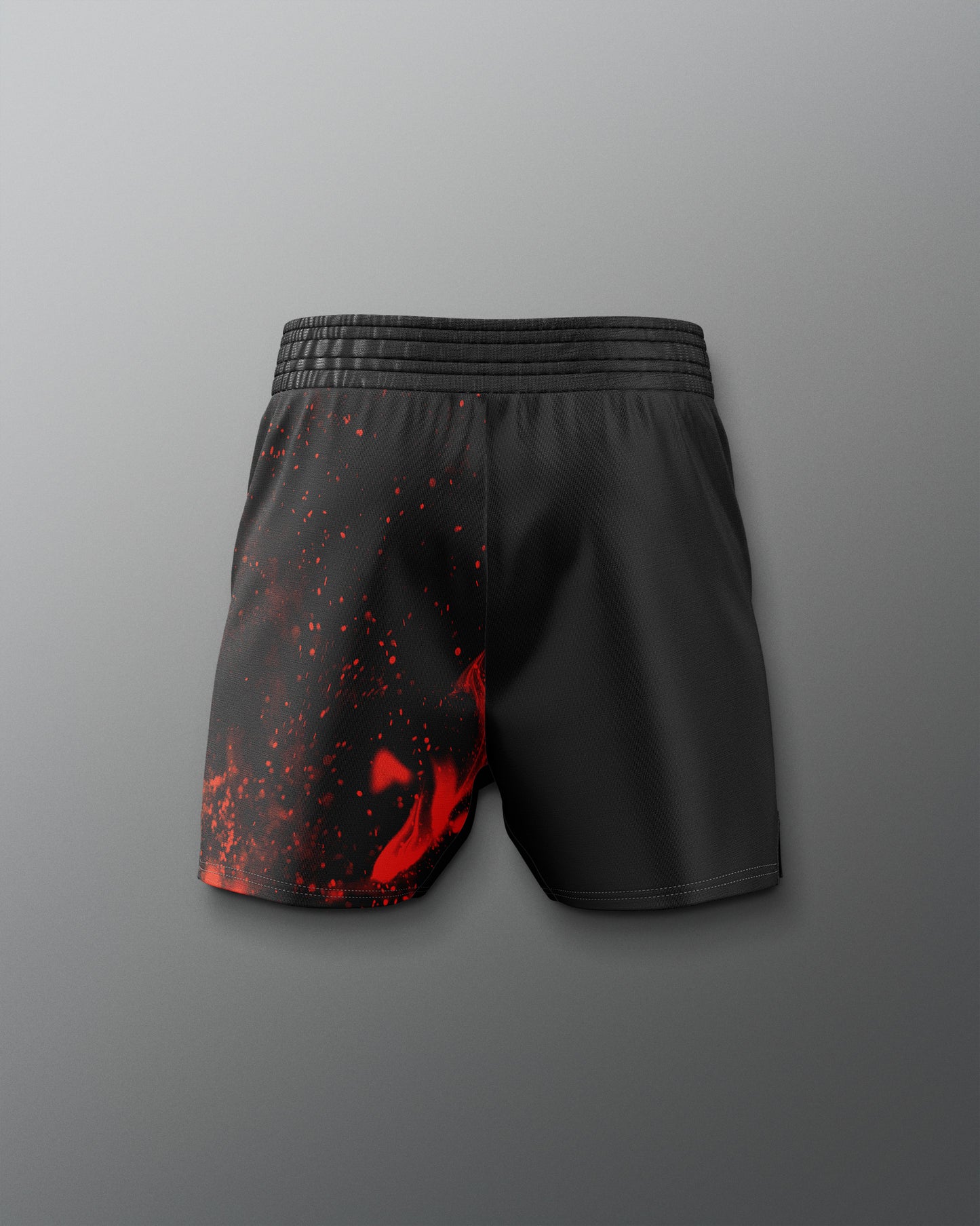 Black shorts with red abstract pattern on a gray background