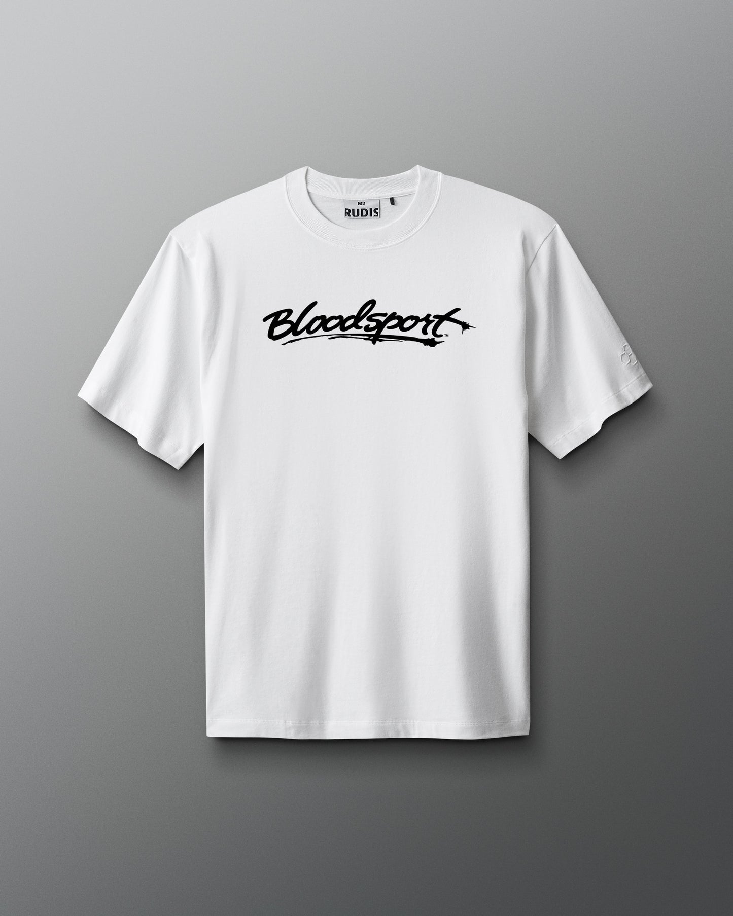 White t-shirt with 'Bloodsport' logo on a gray background