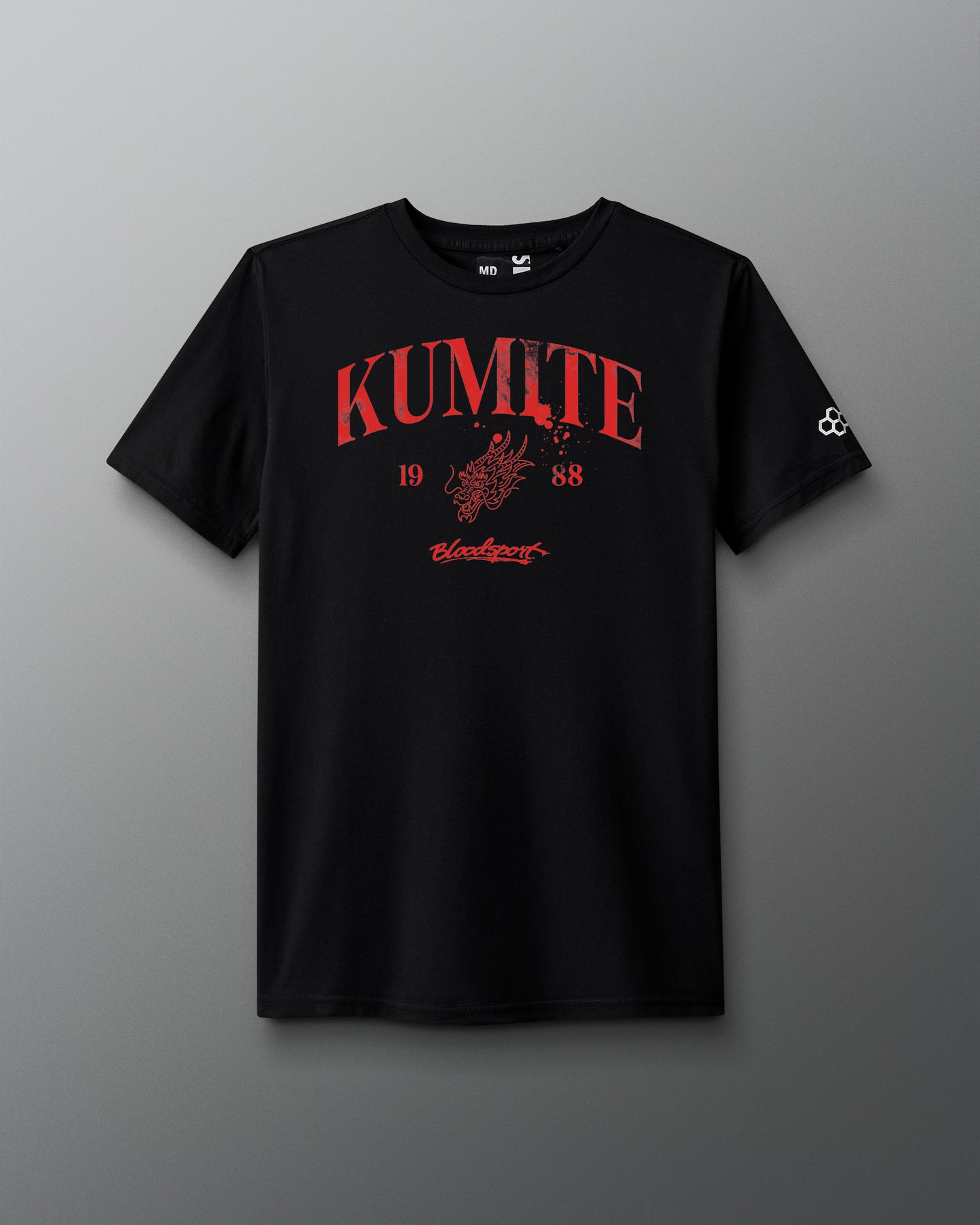 Black t-shirt with red 'KUMITE' text on a gray background