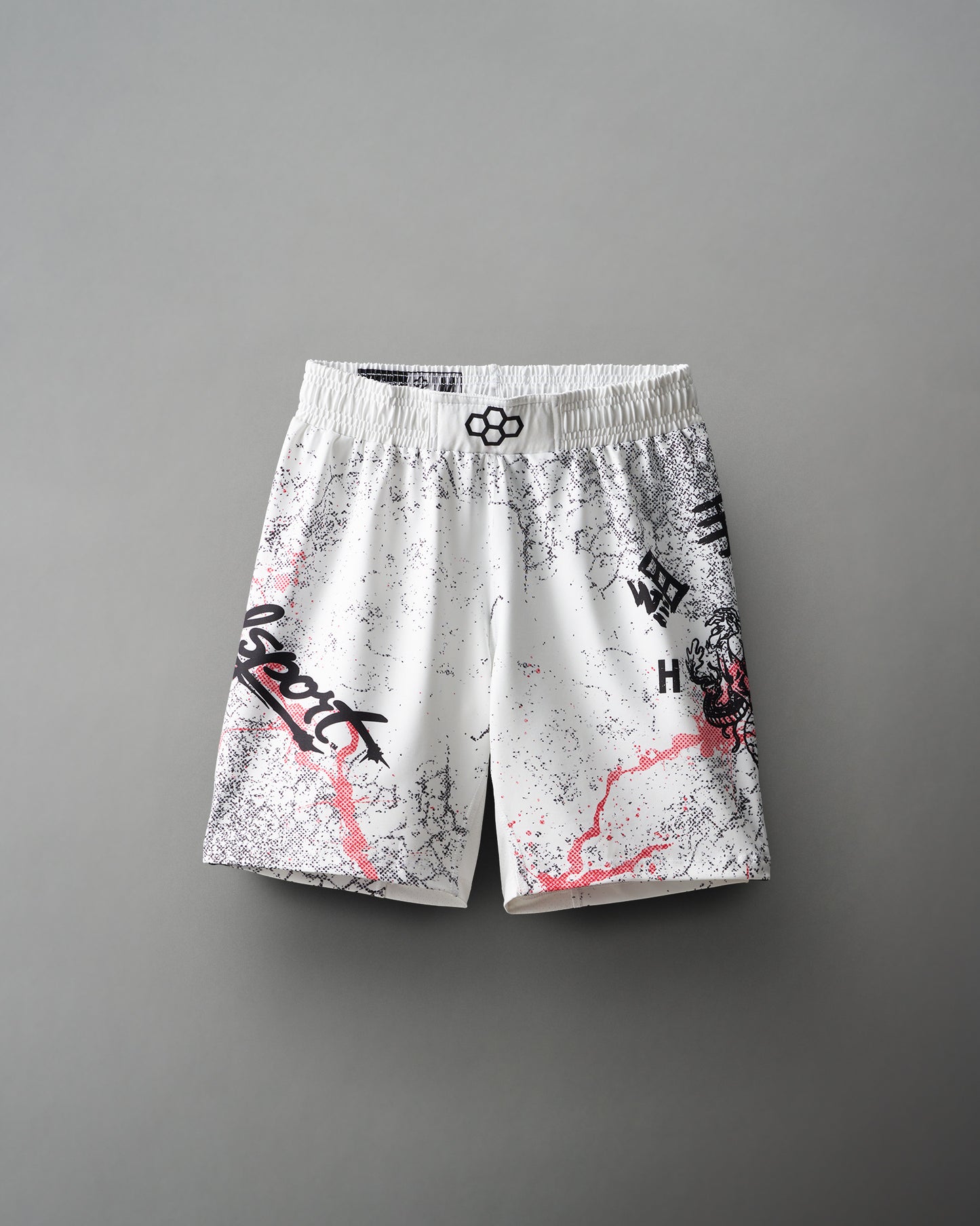 White wrestling shorts with RUDIS hex logo and 'BloodSport' word mark on side