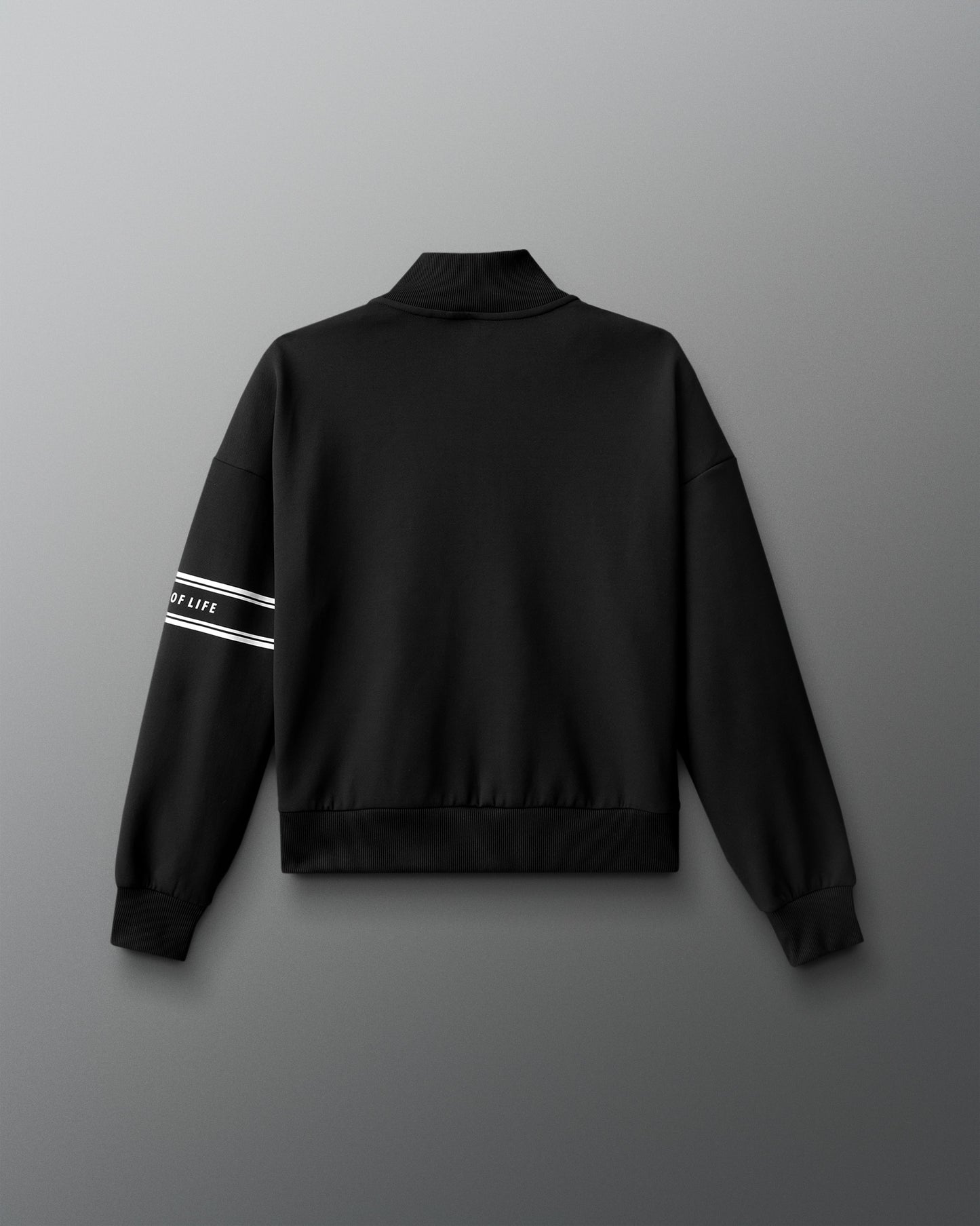 Black jacket with white stripes on sleeves against a gray background
