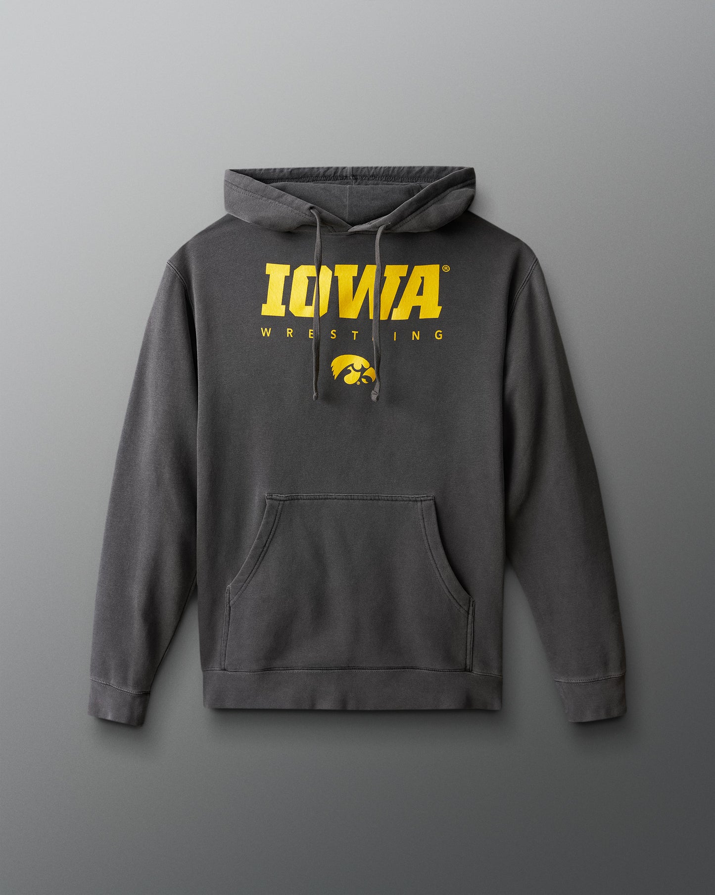 Gray hoodie with 'Iowa Wrestling' text on a gray background