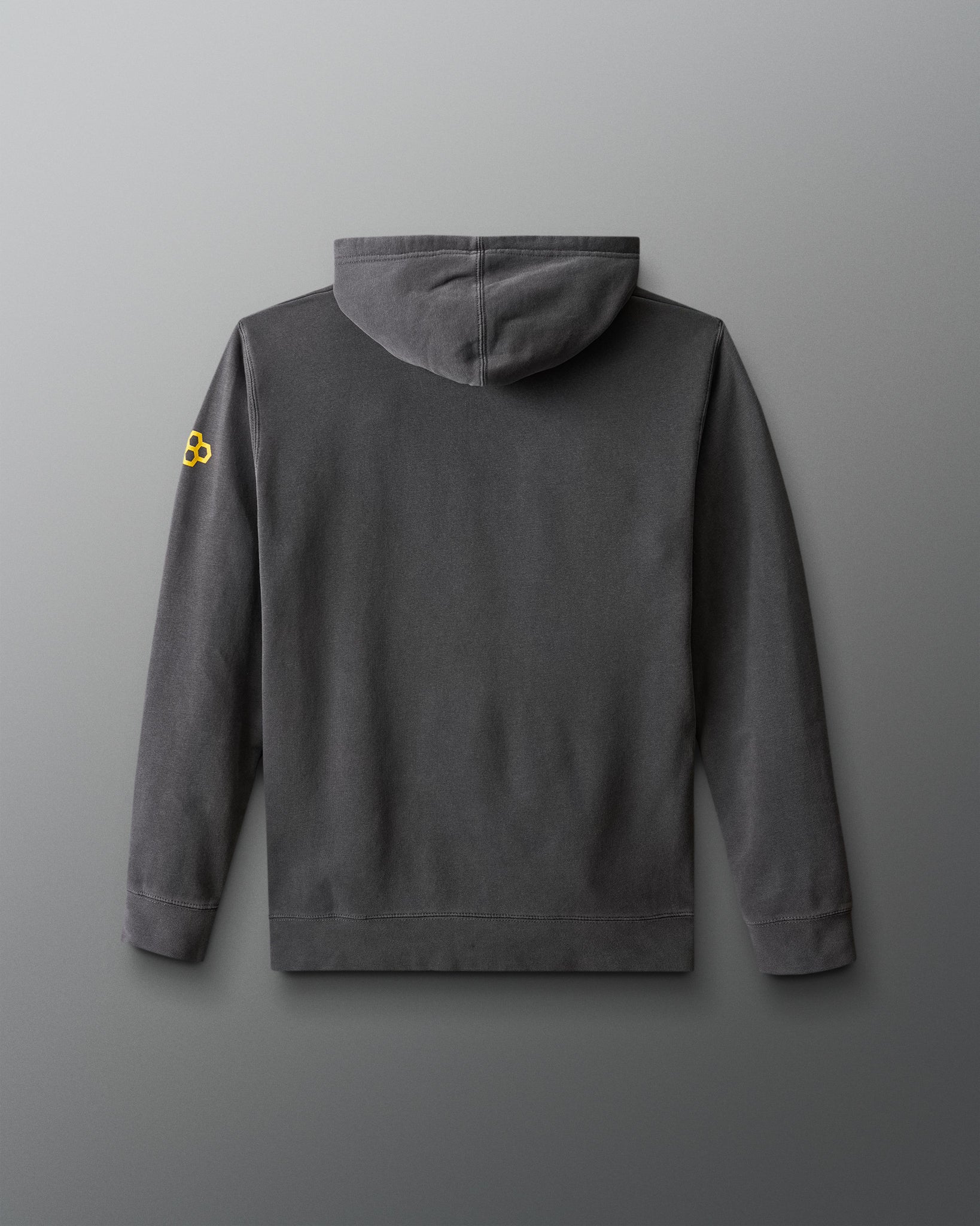 Gray hoodie with a yellow logo on the sleeve against a gray background