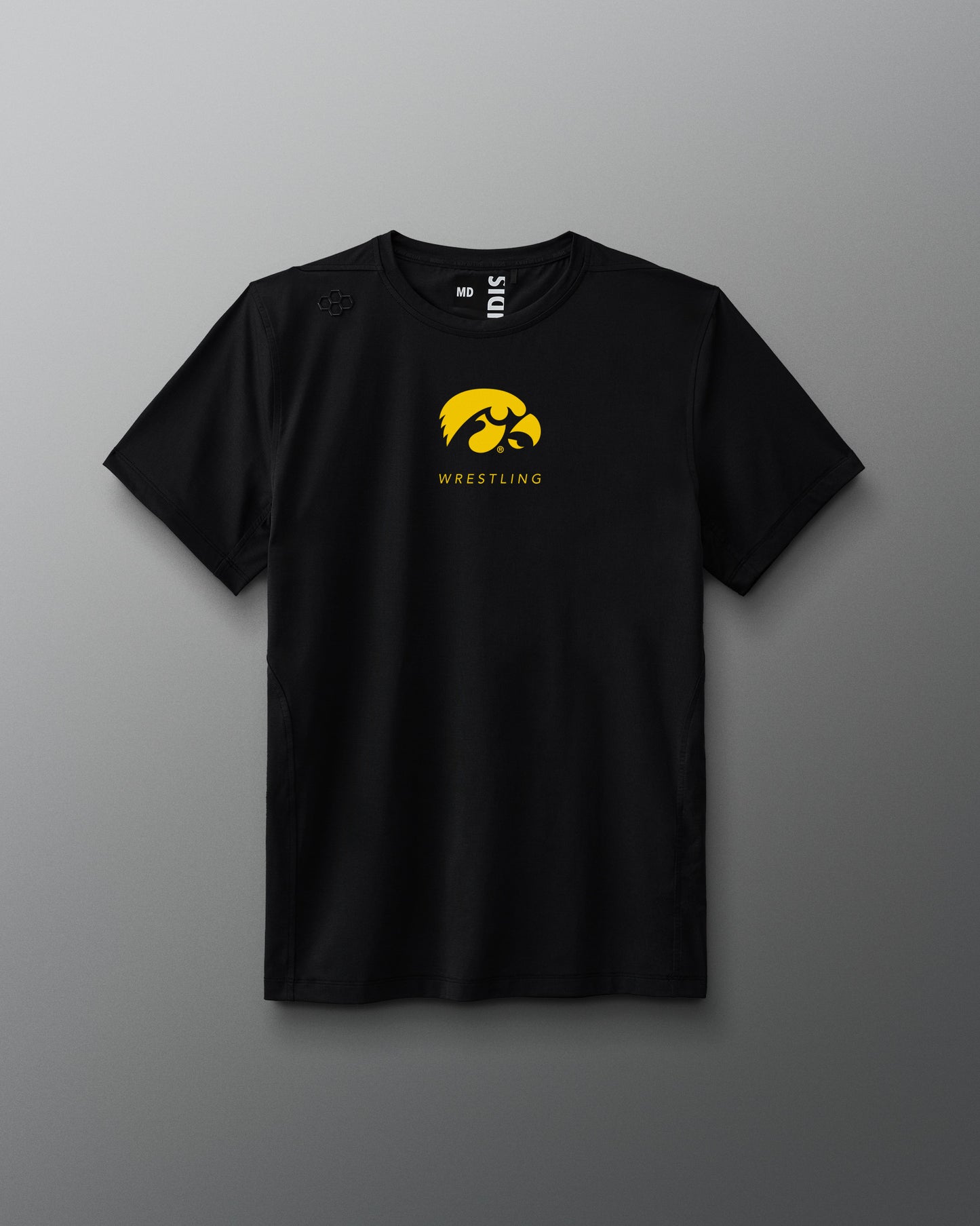 A gray Iowa Wrestling Performance T-Shirt with a graphic on the front showing the Iowa wrestling team logo and the brand Spencer-Lee.